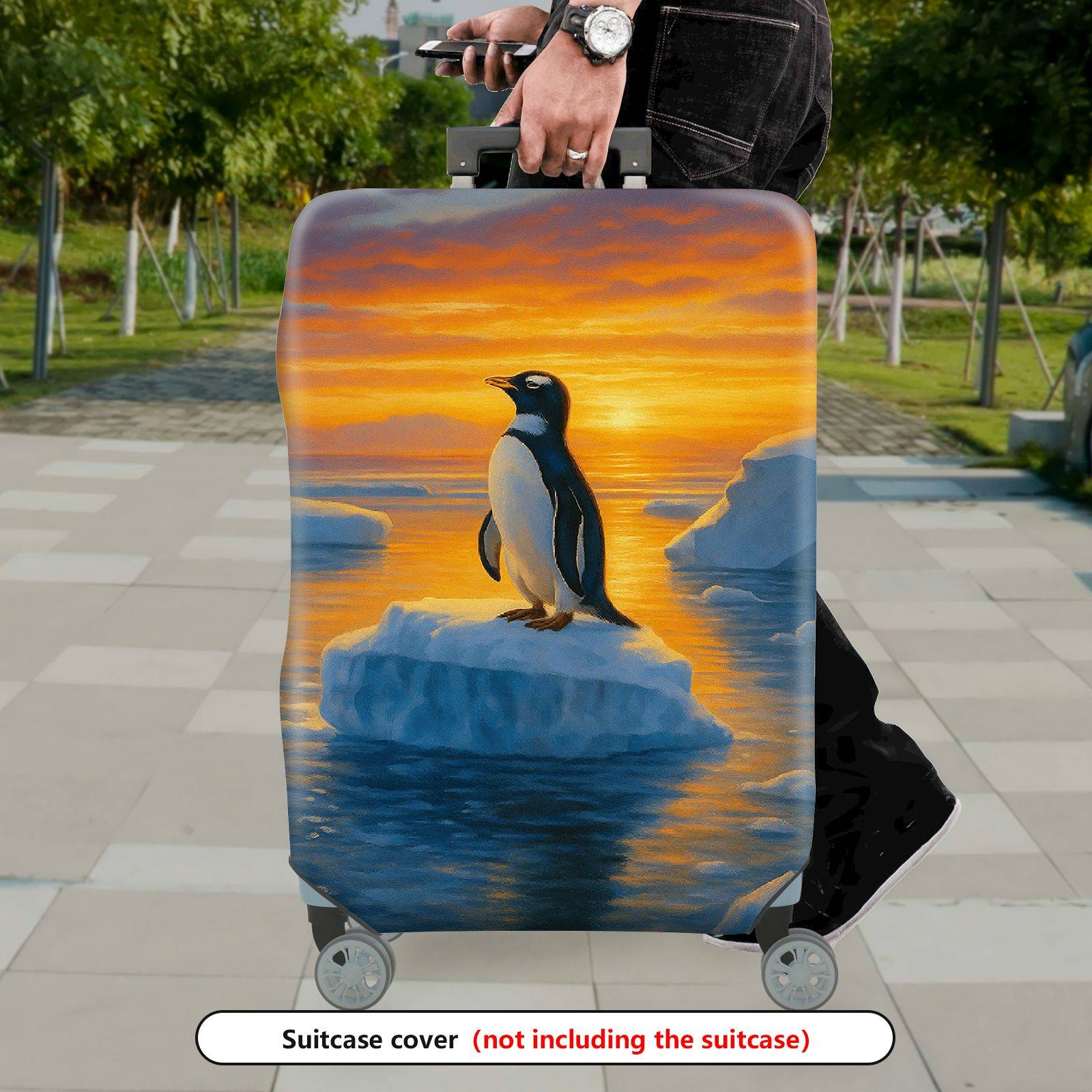 1-Piece Penguin Arctic Sunset Ice Ocean Landscape  Suitcase Luggage Cover, Stretch Protective Sleeve