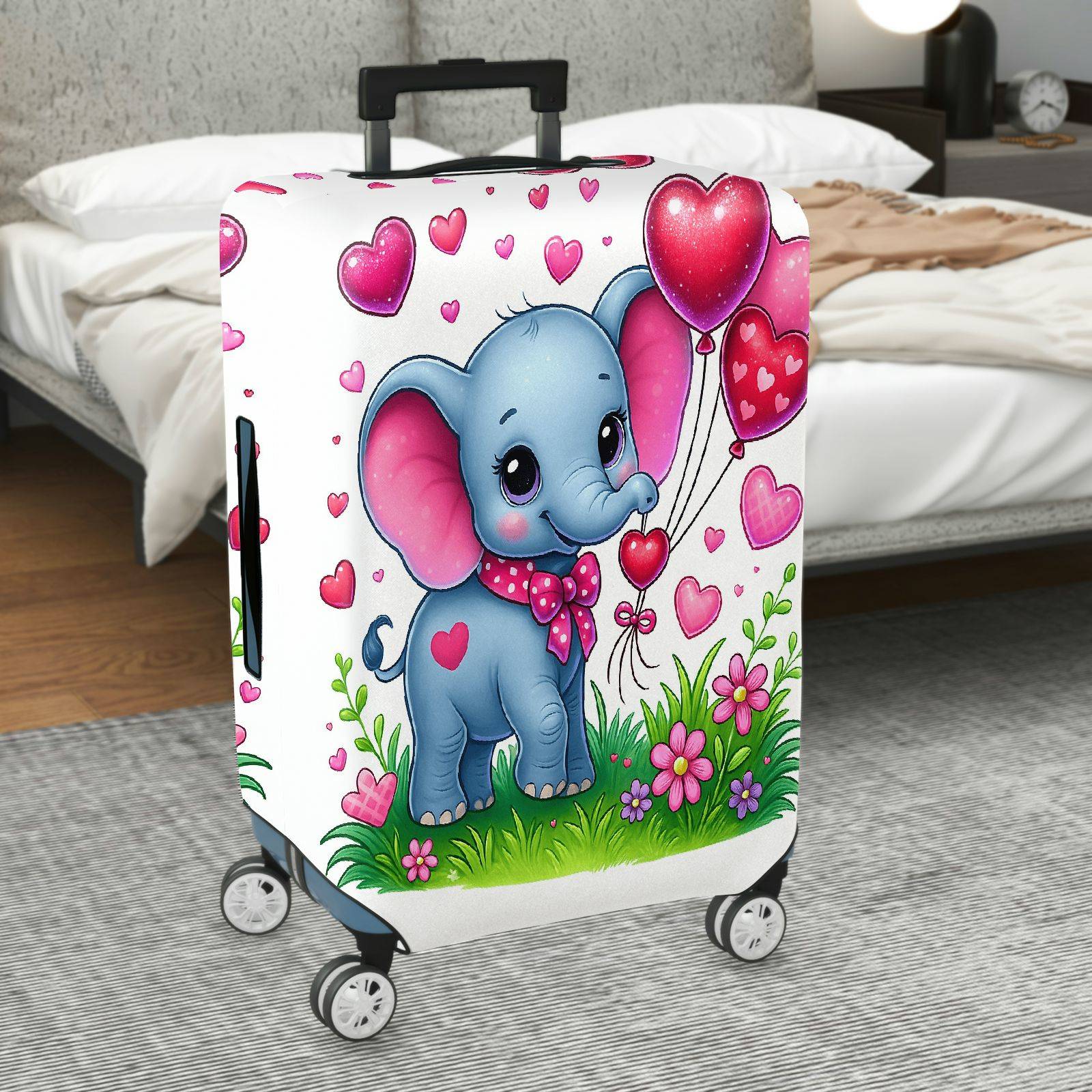 1-Piece Cute Elephant Heart Flower Balloon Valentine  Suitcase Luggage Cover, Stretch Protective Sleeve