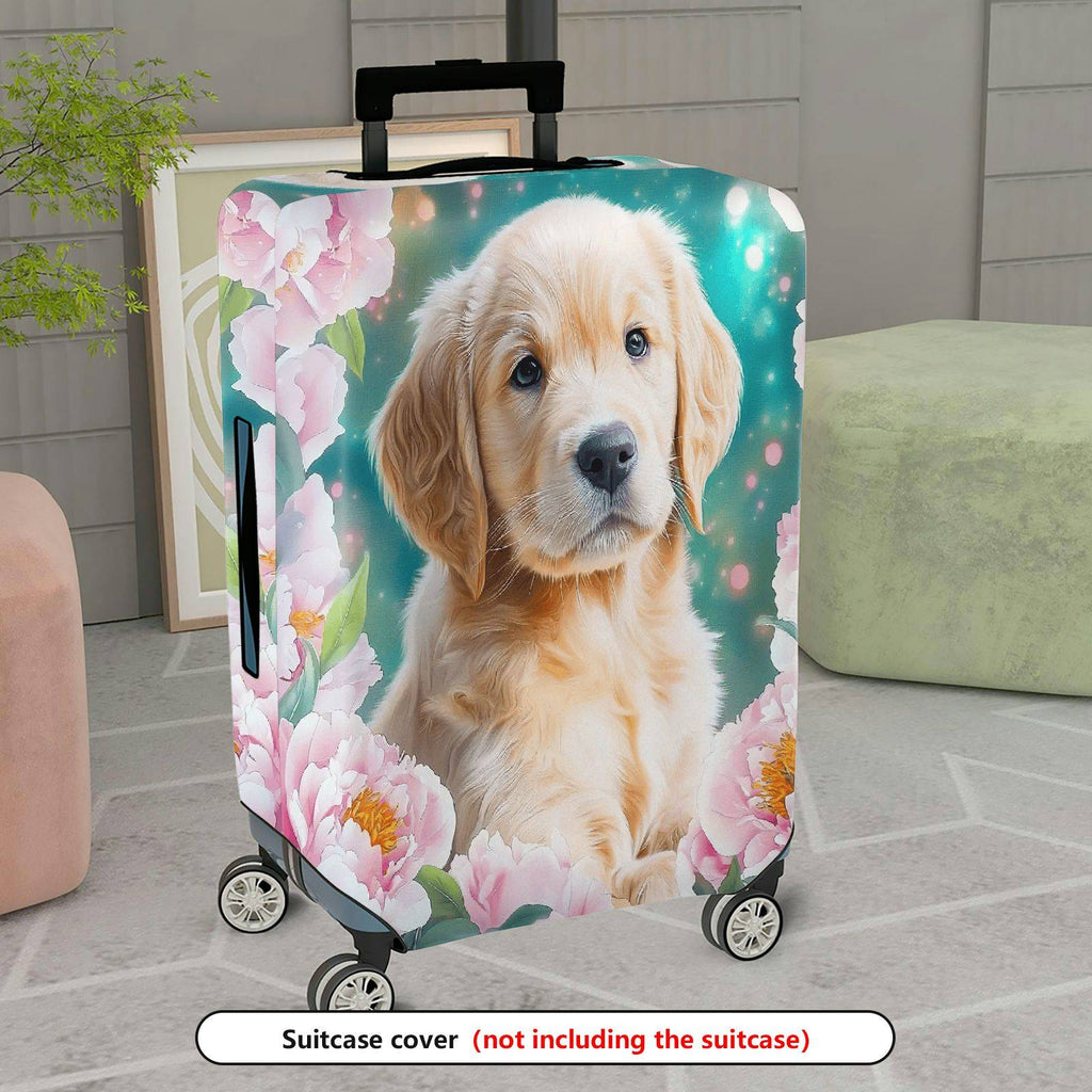1-Piece Floral Dog Pink Peony Cute Animal  Suitcase Luggage Cover, Stretch Protective Sleeve
