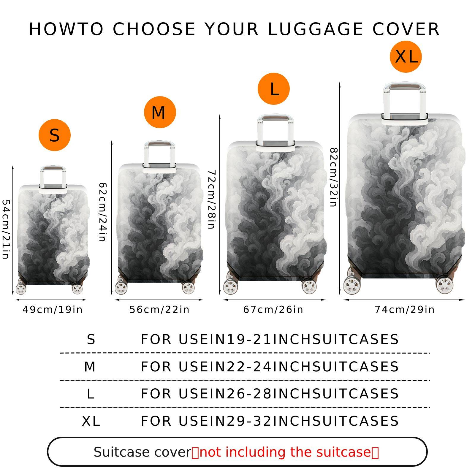 1-Piece Abstract Black White Smoke Cloud Swirl Artistic  Suitcase Luggage Cover, Stretch Protective Sleeve