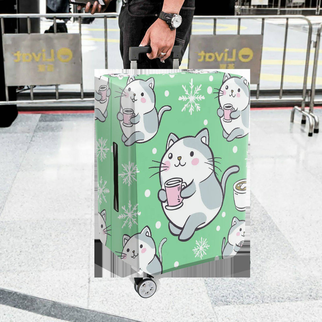 1-Piece Cute Cat Snowflake Coffee Winter Holiday  Suitcase Luggage Cover, Stretch Protective Sleeve