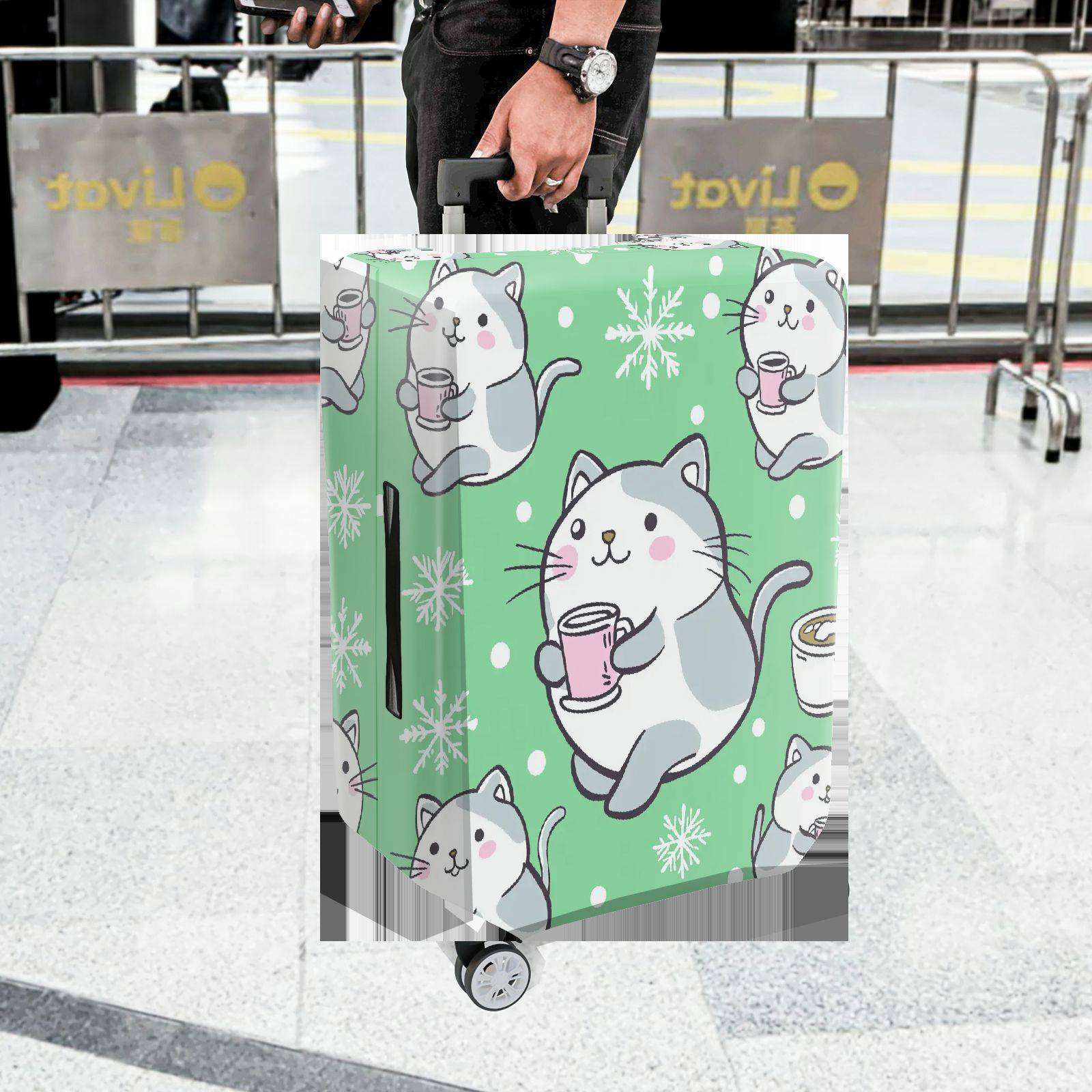 1-Piece Cute Cat Snowflake Coffee Winter Holiday  Suitcase Luggage Cover, Stretch Protective Sleeve