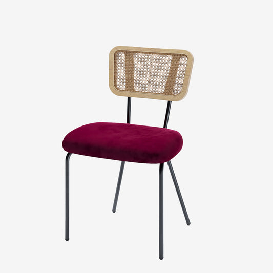Lot de 2 chaises dossier rotin coussin velours bordeaux Sofia