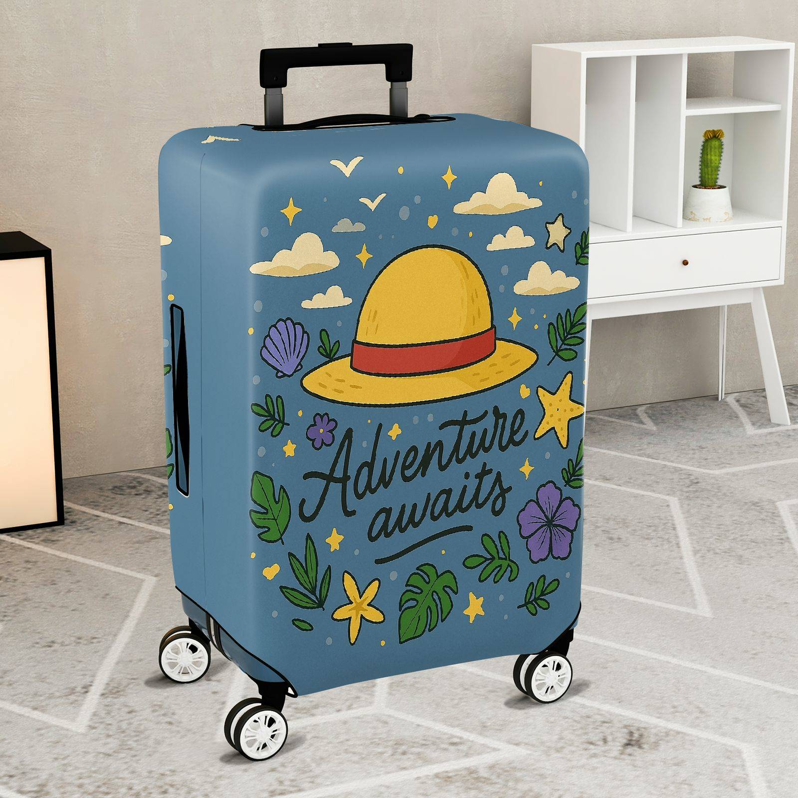 1-Piece Adventure Awaits Floral Hat Cloud Star  Suitcase Luggage Cover, Stretch Protective Sleeve