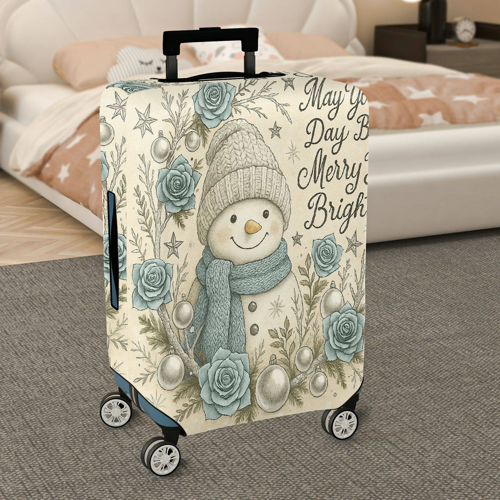 1-Piece Snowman Winter Holiday Christmas Floral Star  Suitcase Luggage Cover, Stretch Protective Sleeve