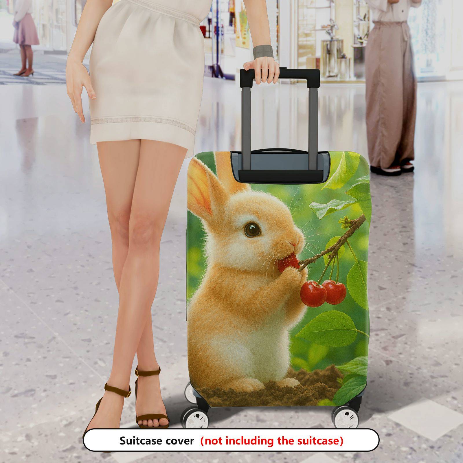 1-Piece Rabbit Cherry Green Nature Cute  Suitcase Luggage Cover, Stretch Protective Sleeve
