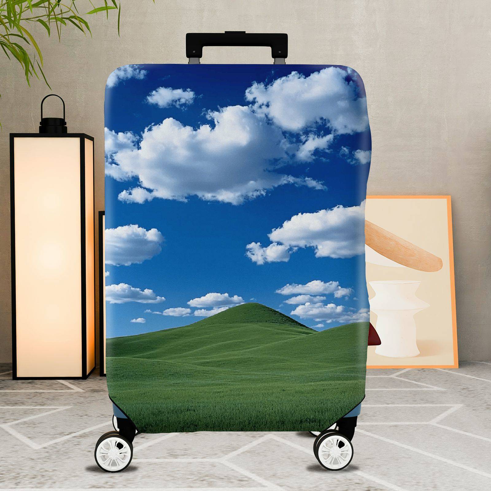 1-Piece Sky Blue Green Landscape Clouds Nature Hills  Suitcase Luggage Cover, Stretch Protective Sleeve