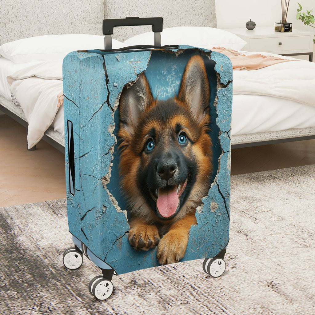 1-Piece Cute German Shepherd Puppy Animal Realistic 3D Print Blue  Suitcase Luggage Cover, Stretch Protective Sleeve