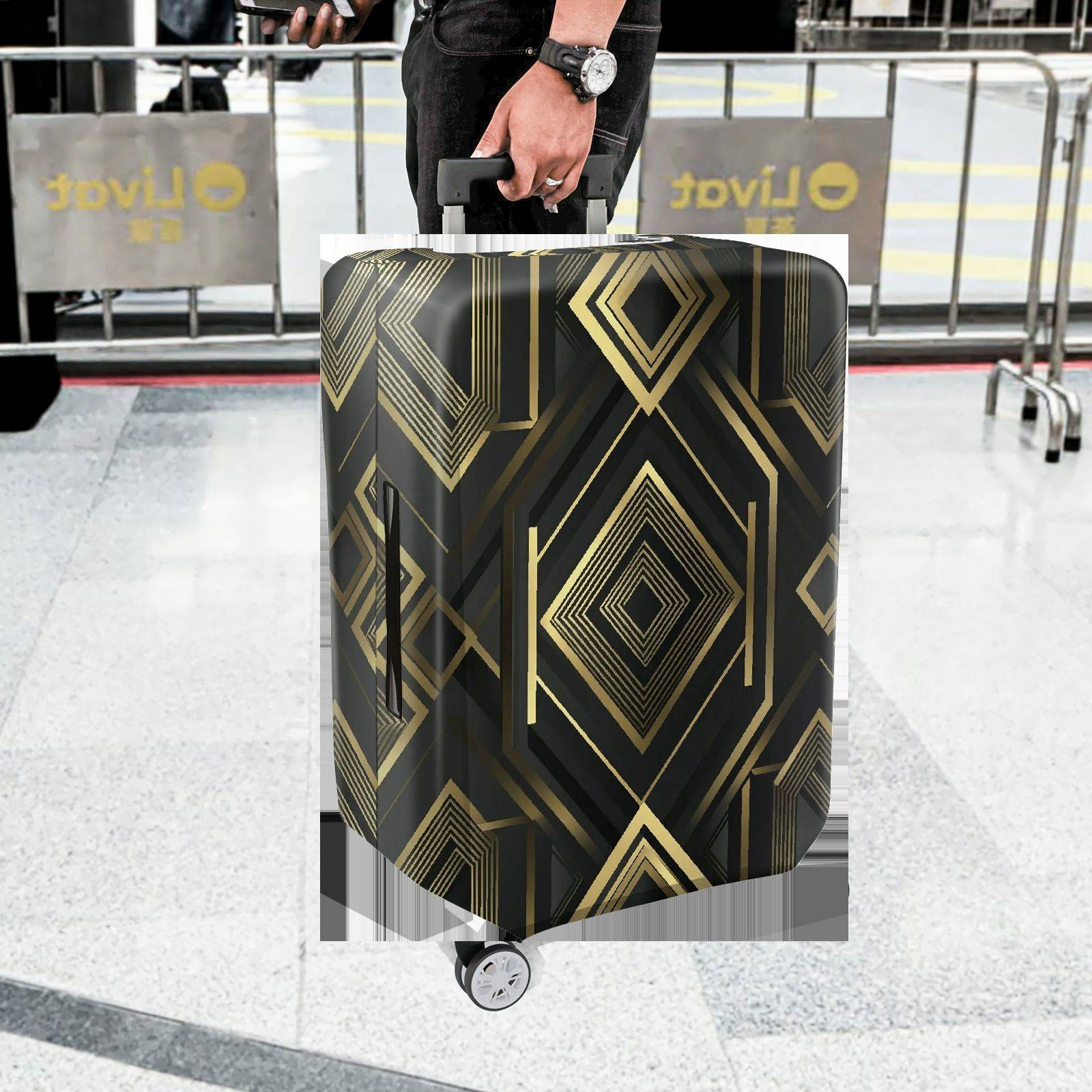 1-Piece Geometric Black Gold Diamond Pattern Abstract Modern Elegant  Suitcase Luggage Cover, Stretch Protective Sleeve