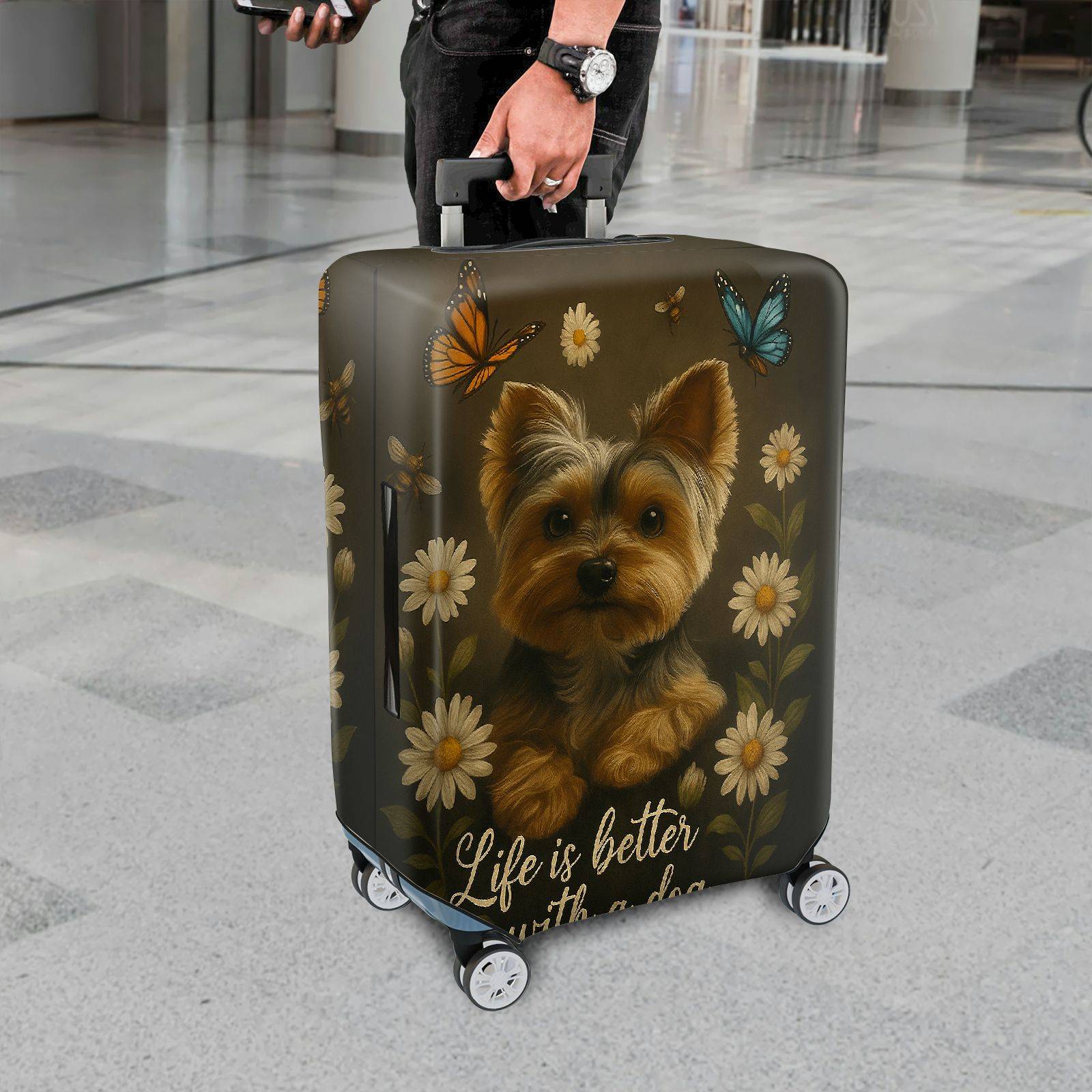 1-Piece Floral Butterfly Dog Yorkshire Daisy  Suitcase Luggage Cover, Stretch Protective Sleeve