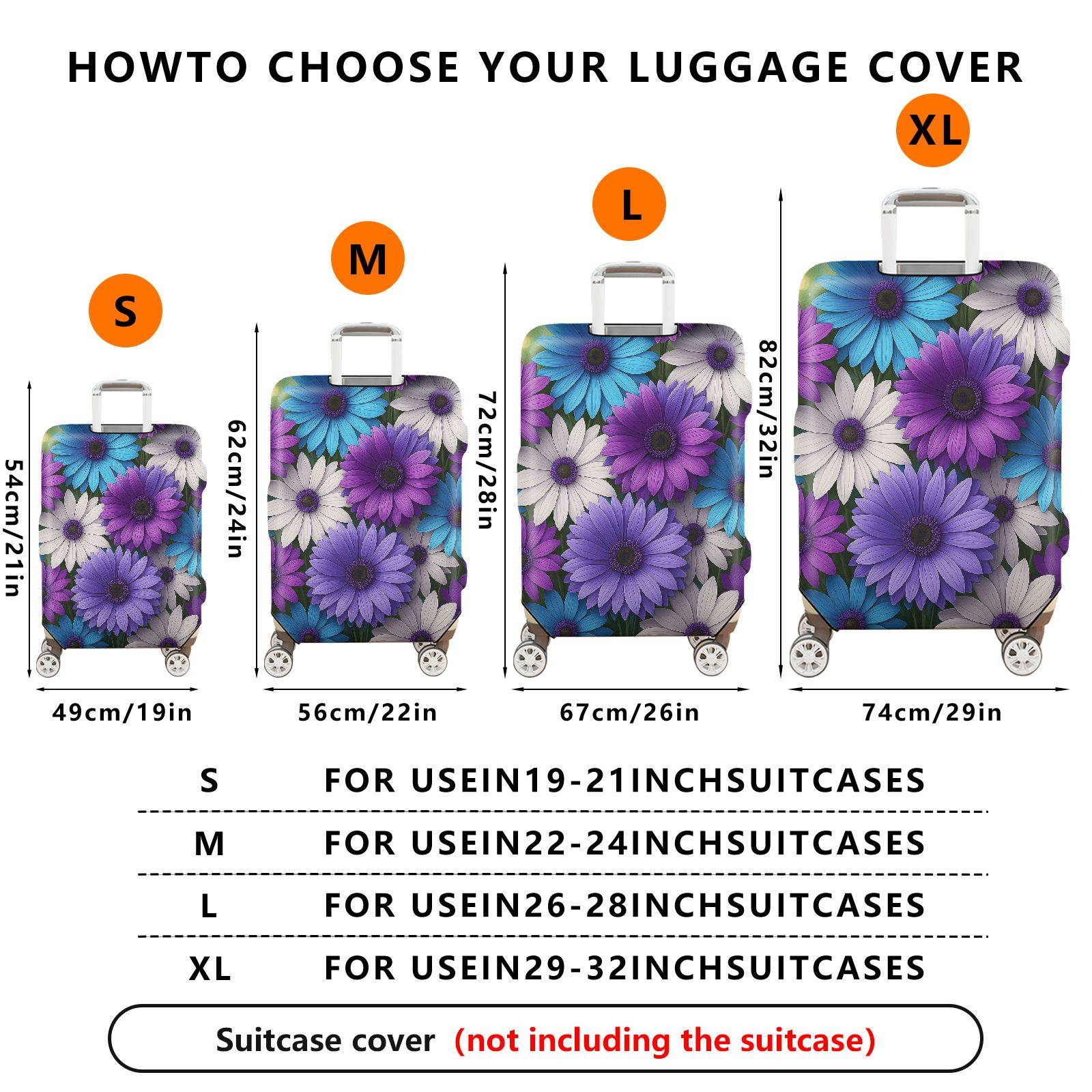 1-Piece Purple Blue White Floral Luggage  Suitcase Luggage Cover, Stretch Protective Sleeve