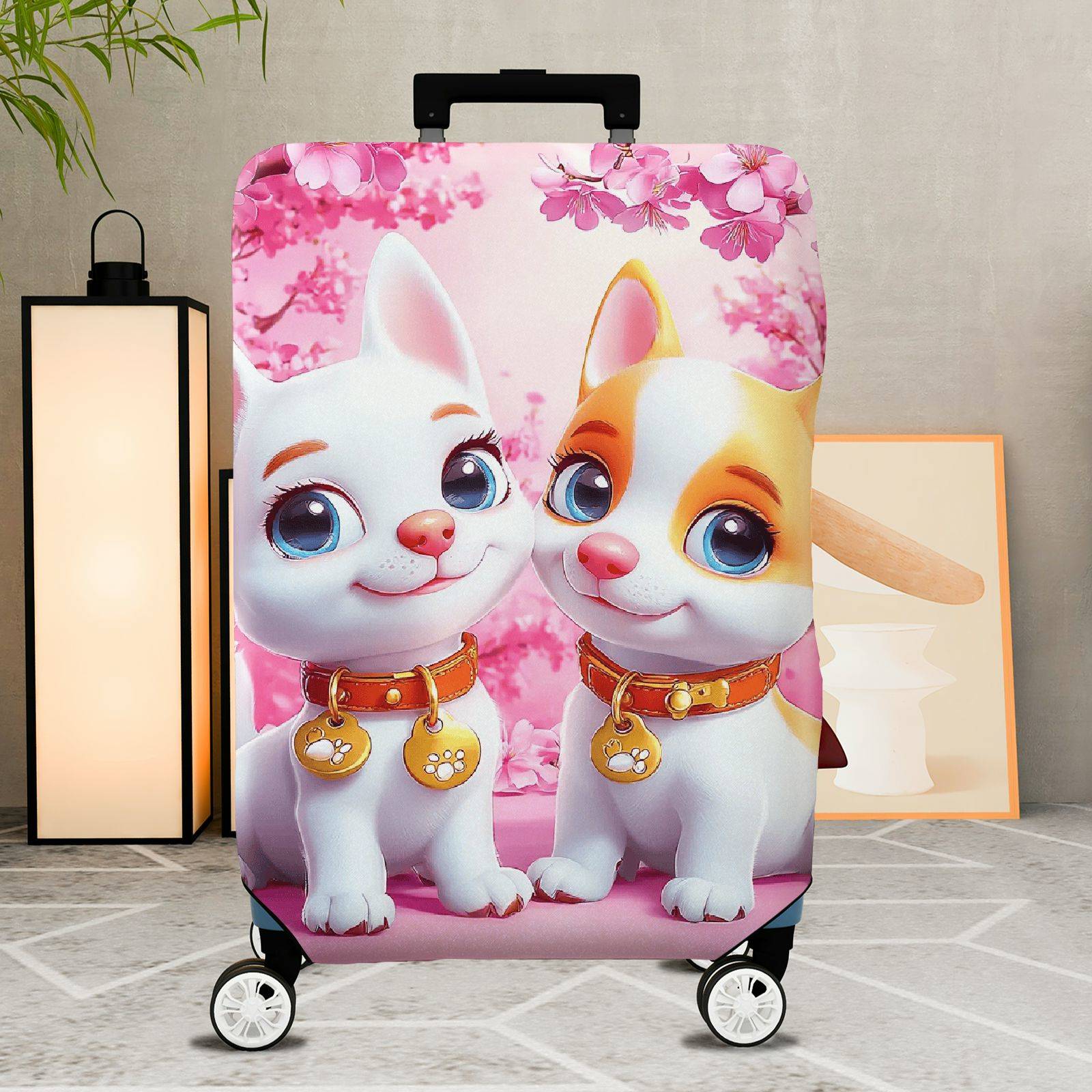 1-Piece Cute Dog Floral Pink  Suitcase Luggage Cover, Stretch Protective Sleeve