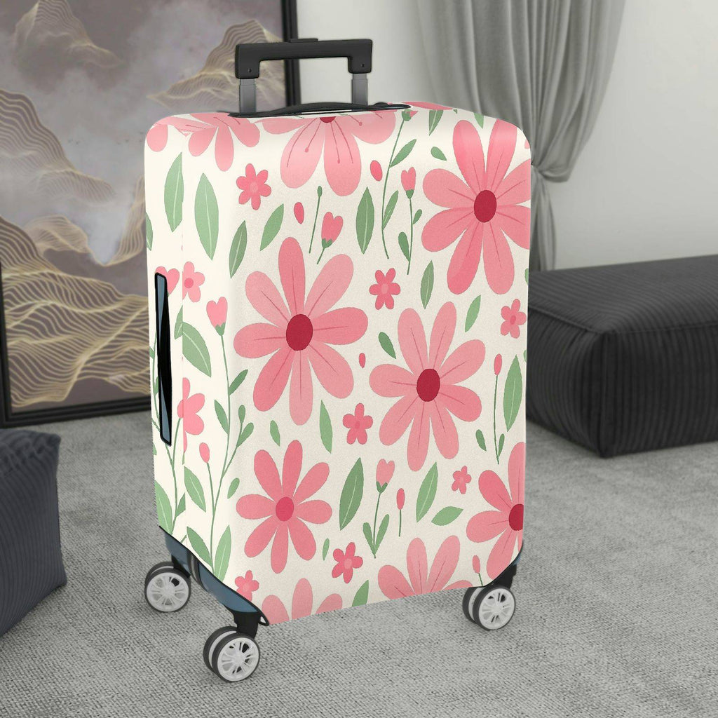 1-Piece Pink Floral Pattern Daisy Leaves Plant Spring  Suitcase Luggage Cover, Stretch Protective Sleeve