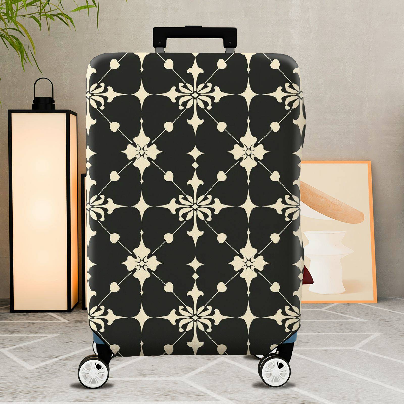 1-Piece Elegant Floral Pattern Black Beige Geometric Art Style  Suitcase Luggage Cover, Stretch Protective Sleeve