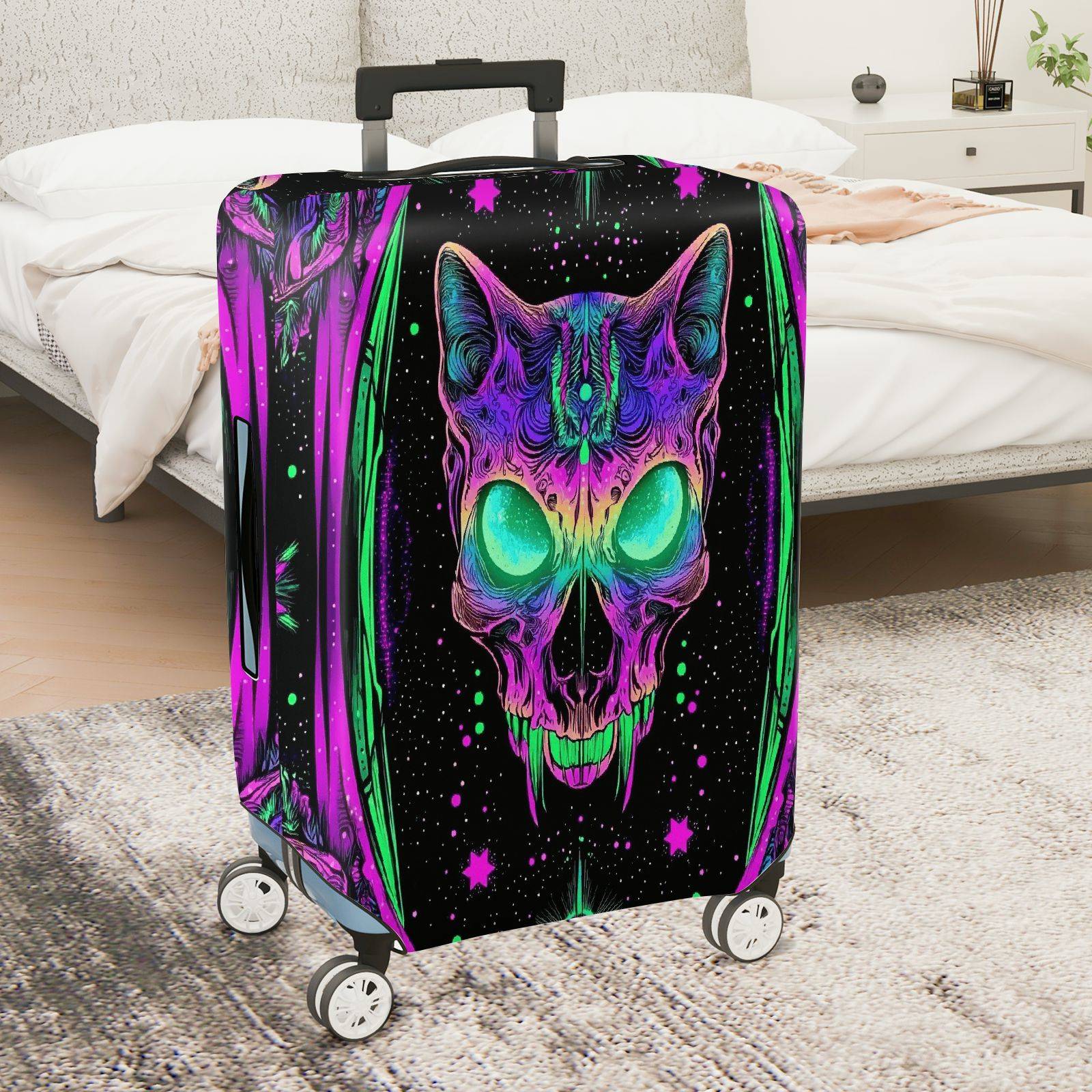 1-Piece Cat Skull Halloween Cosmic Psychedelic Unique  Suitcase Luggage Cover, Stretch Protective Sleeve