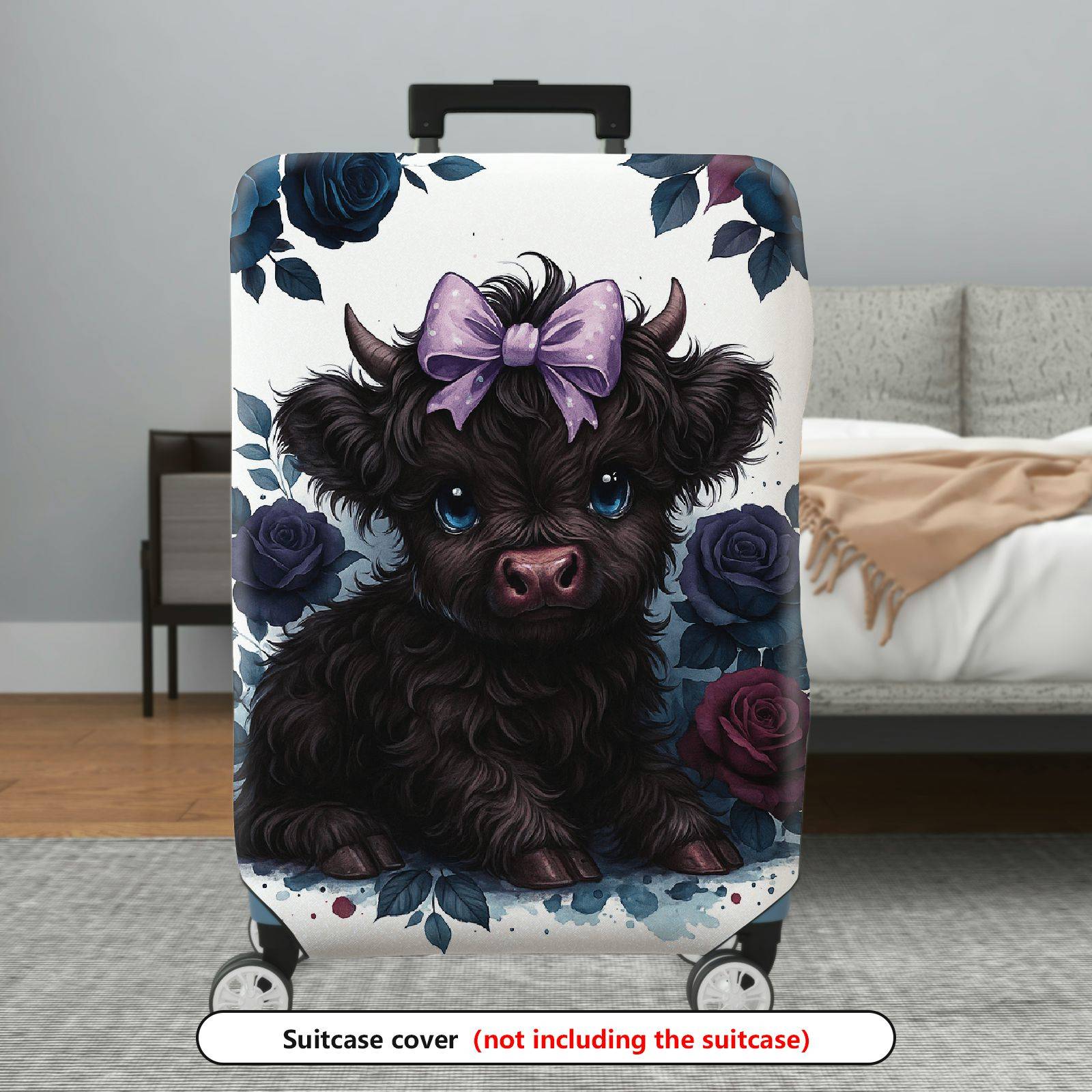 1-Piece Cute Black Highland Cow Floral Bow Travel  Suitcase Luggage Cover, Stretch Protective Sleeve