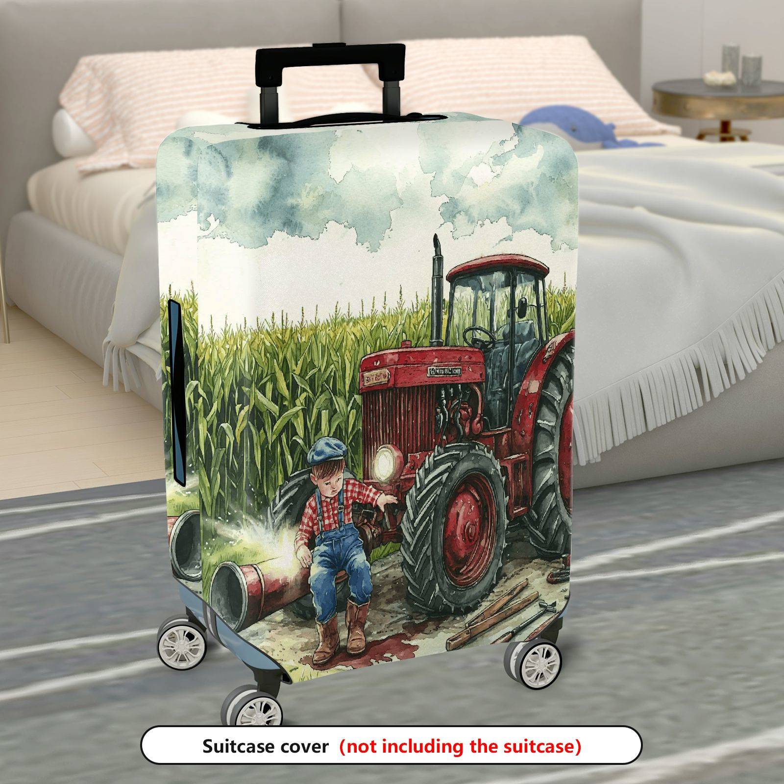 1-Piece Rustic Farm Tractor Countryside Landscape Harvest  Suitcase Luggage Cover, Stretch Protective Sleeve