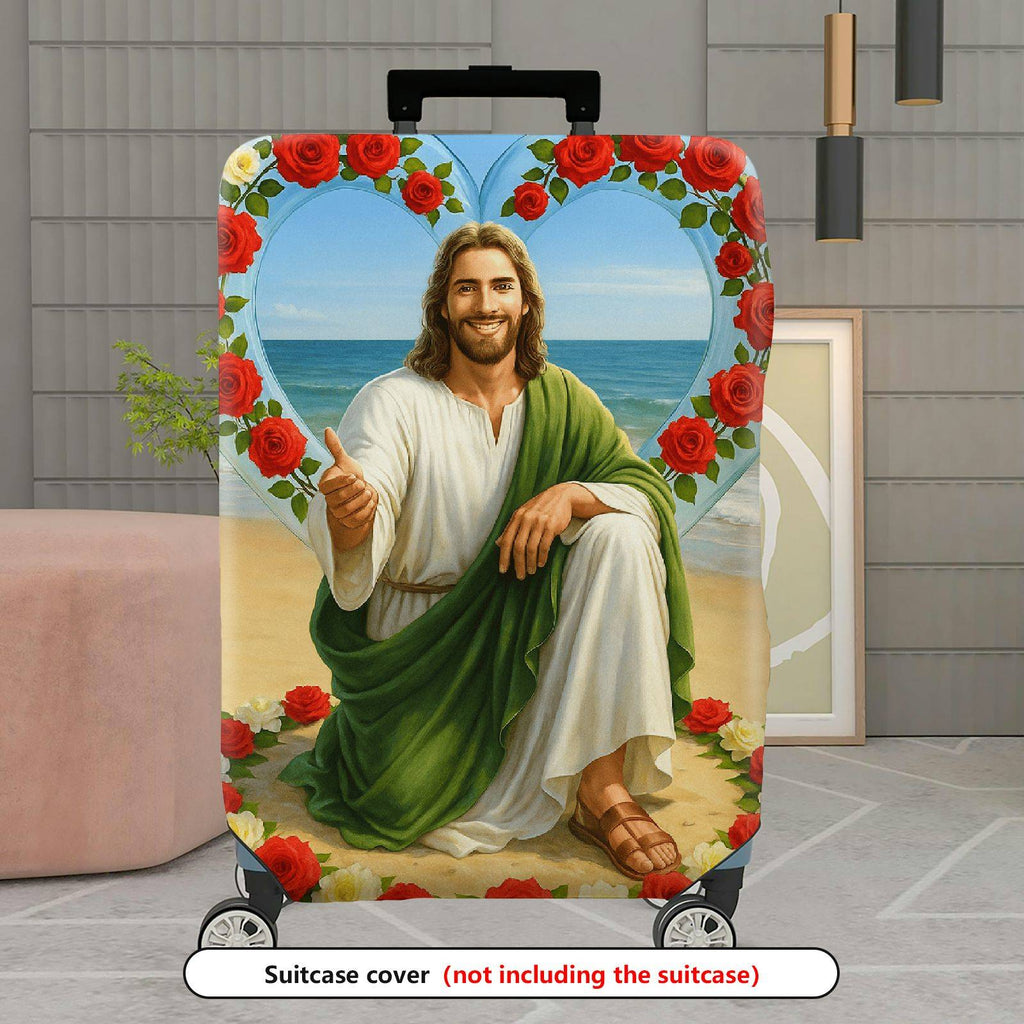 1-Piece Beach Religious Rose Heart Floral Biblical  Suitcase Luggage Cover, Stretch Protective Sleeve