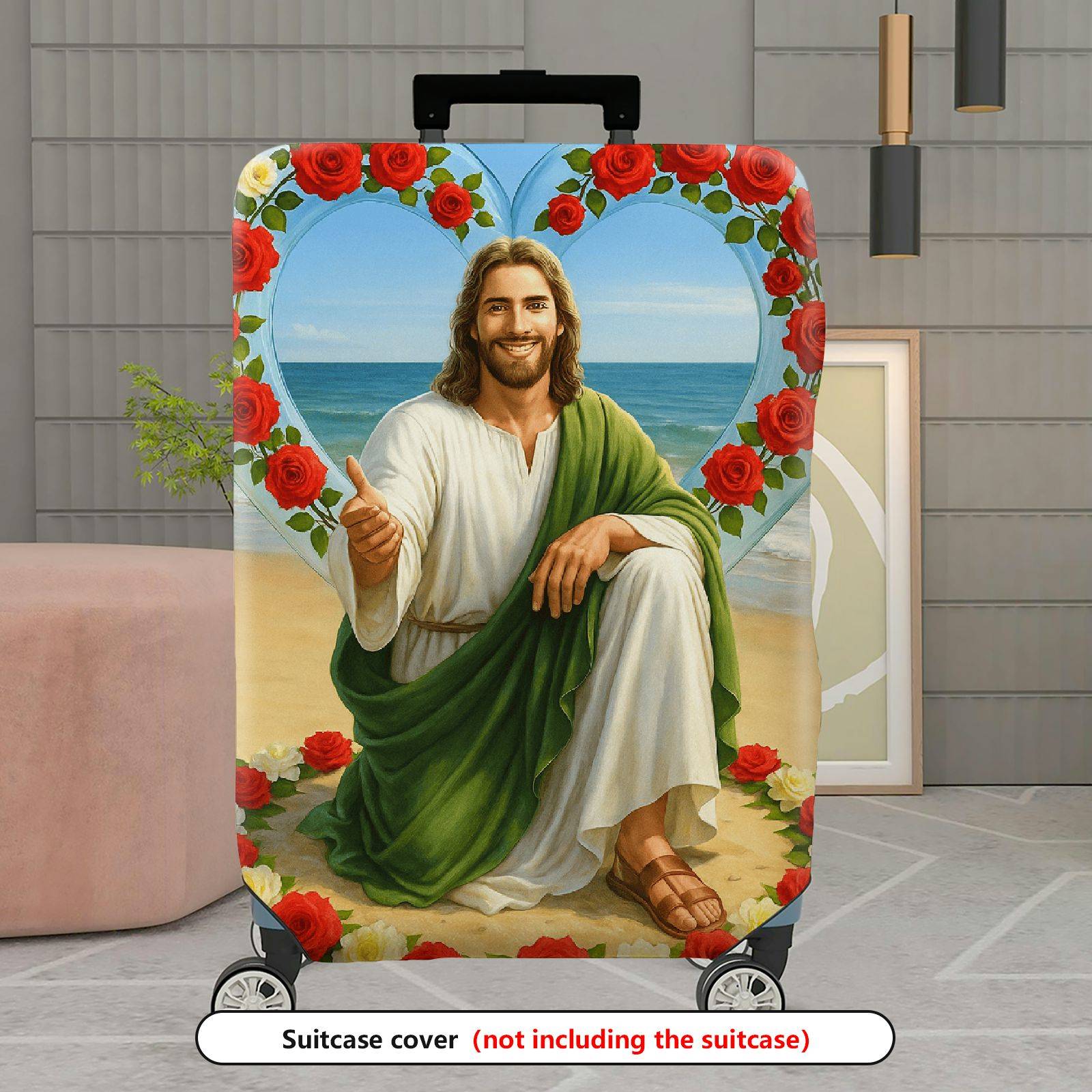 1-Piece Beach Religious Rose Heart Floral Biblical  Suitcase Luggage Cover, Stretch Protective Sleeve