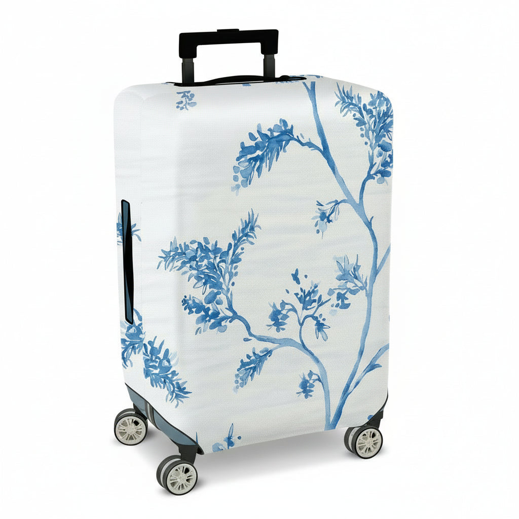 1-Piece White Blue Floral Branch Art Design  Suitcase Luggage Cover, Stretch Protective Sleeve