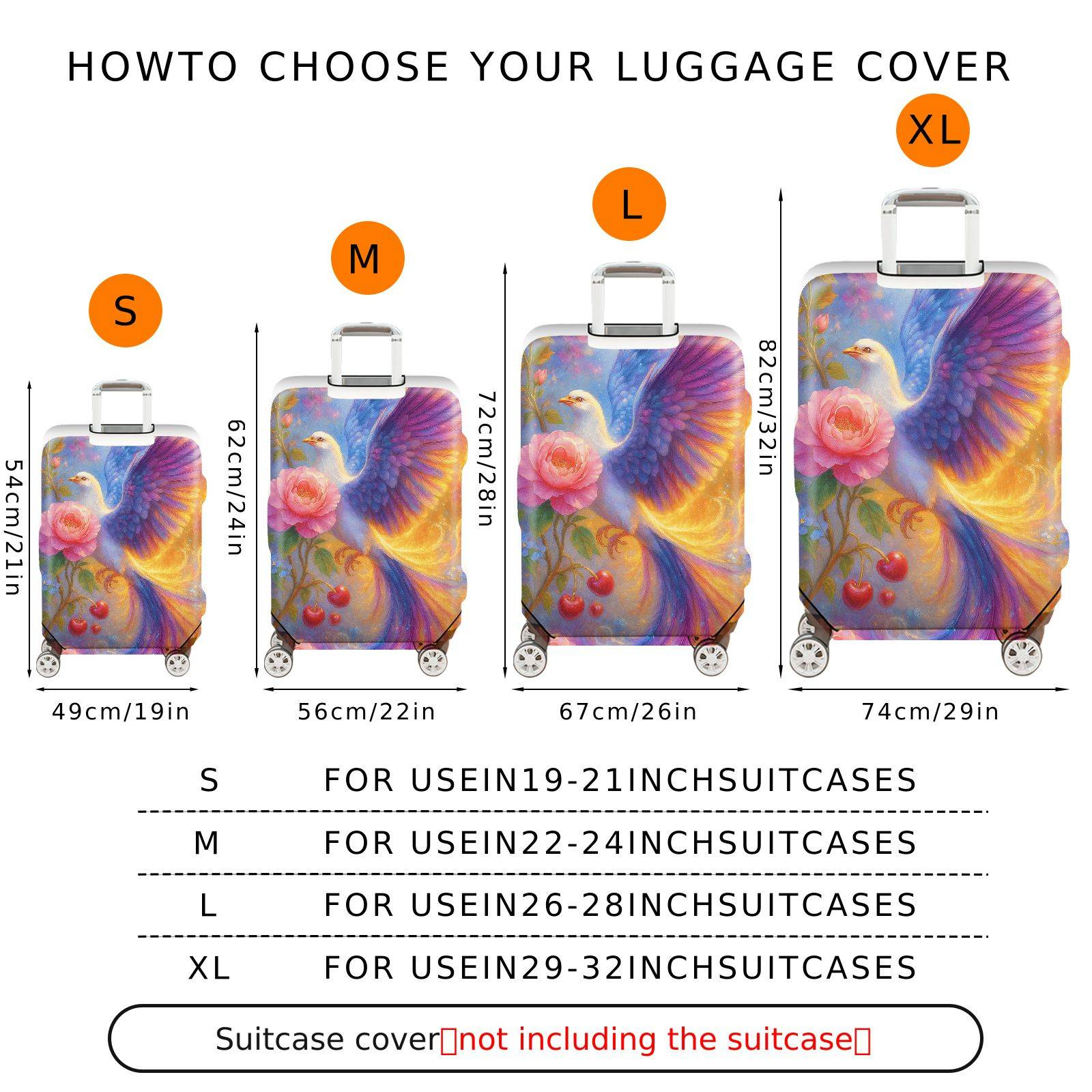 1-Piece Colorful Artistic Floral Bird Fruit  Suitcase Luggage Cover, Stretch Protective Sleeve