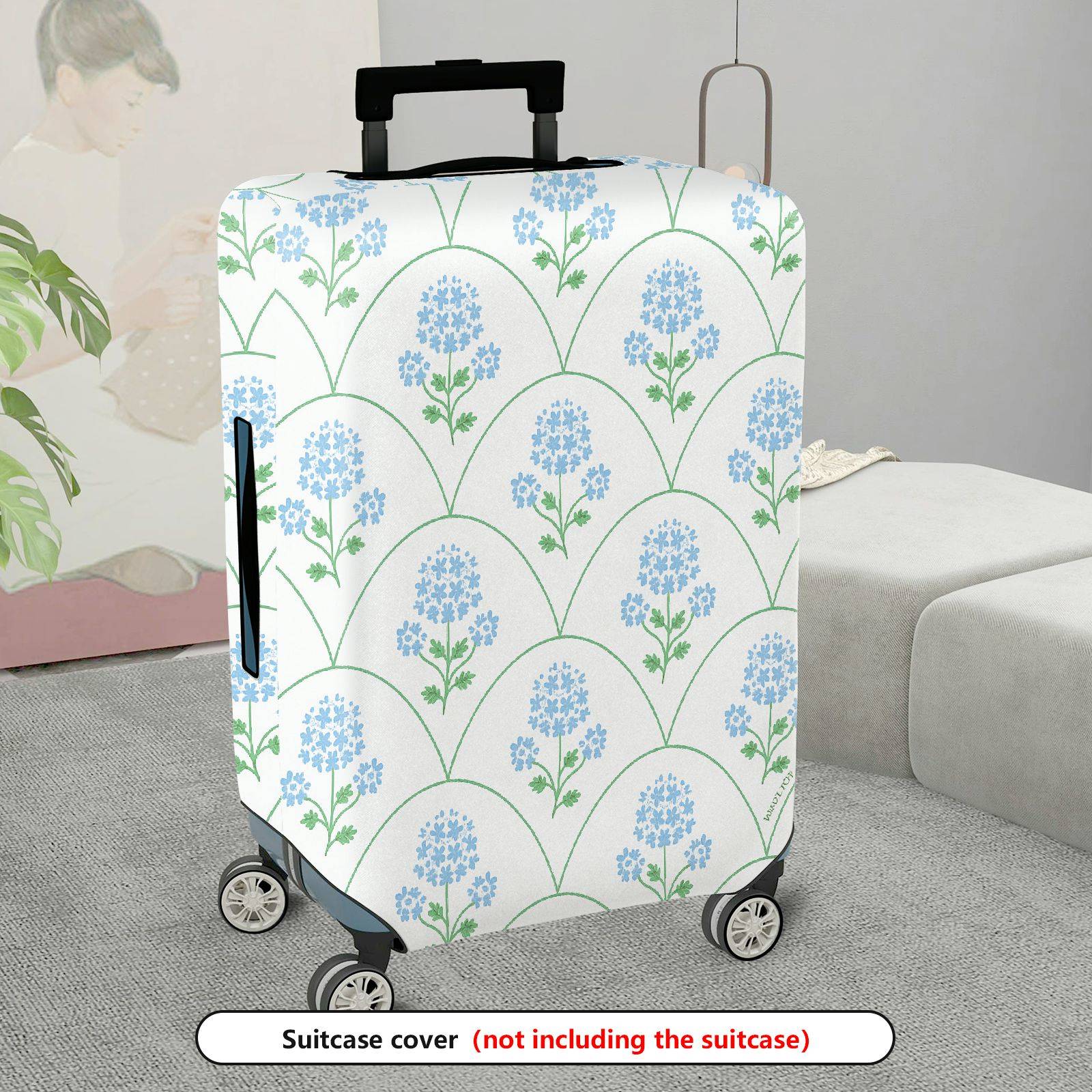 1-Piece Blue Floral Pattern Decorative Travel Holiday Elegant Stylish  Suitcase Luggage Cover, Stretch Protective Sleeve