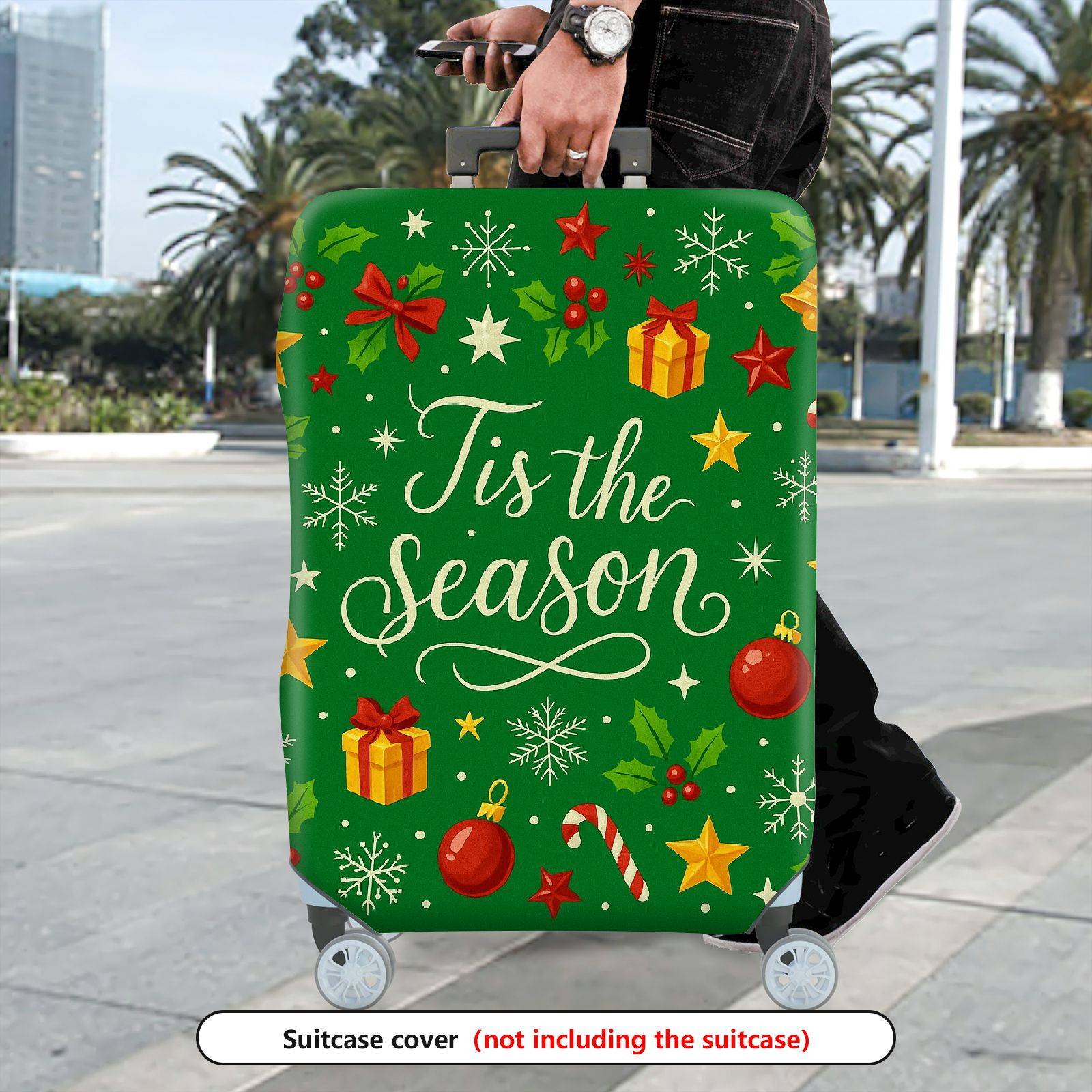 1-Piece Holiday Christmas Gift Ornament Holly Star  Suitcase Luggage Cover, Stretch Protective Sleeve