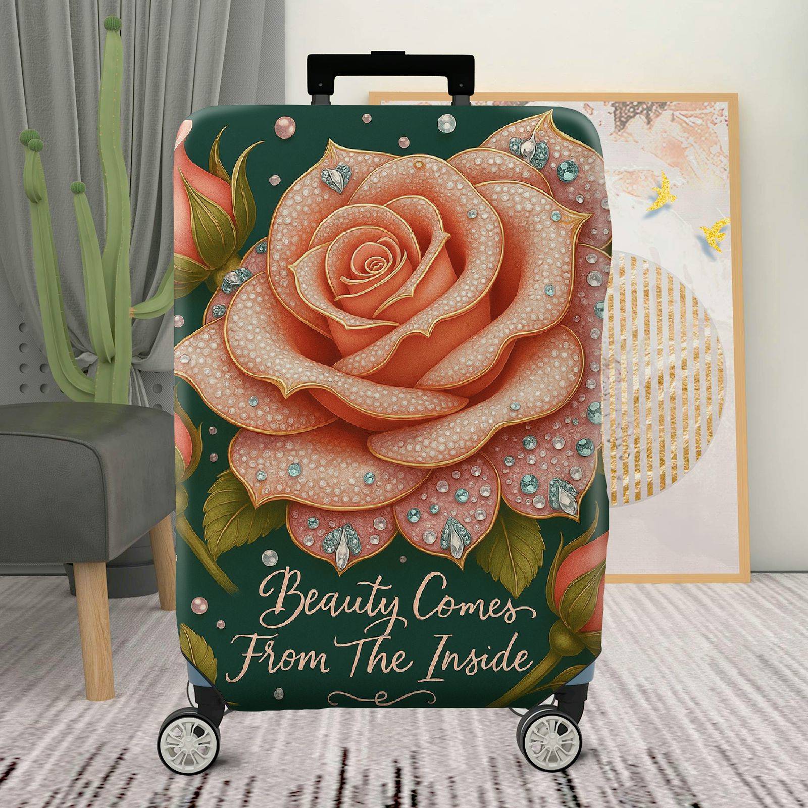 1-Piece Elegant Romantic Floral Glitter Typography  Suitcase Luggage Cover, Stretch Protective Sleeve