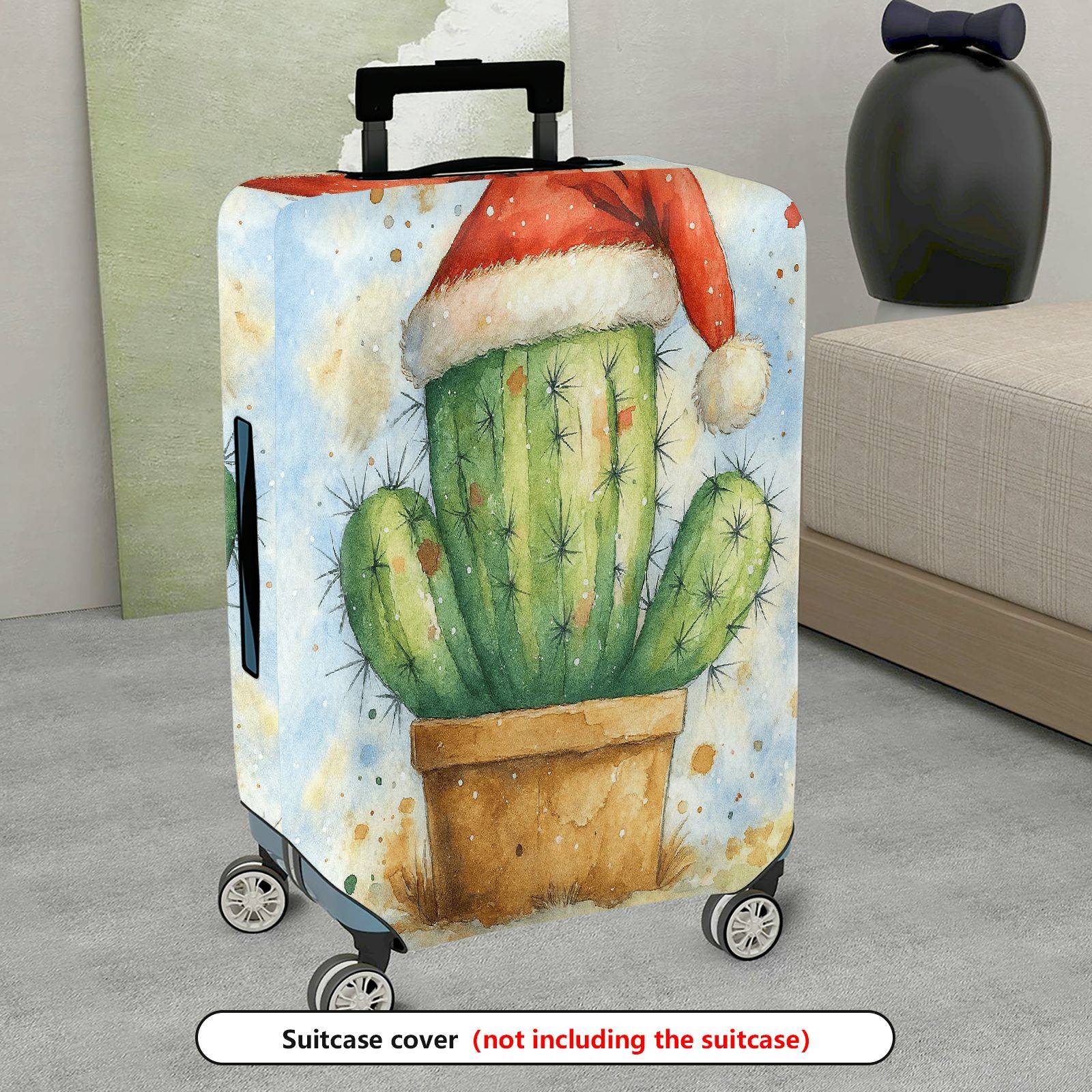 1-Piece Christmas  Green Cactus Festive Decorative Holiday  Suitcase Luggage Cover, Stretch Protective Sleeve
