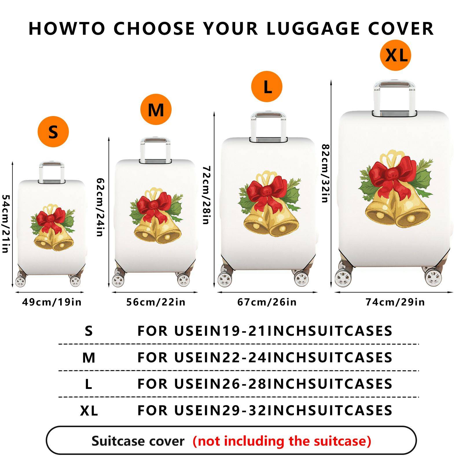 1-Piece Christmas Bell Red Bow Holiday Festive Elegant  Suitcase Luggage Cover, Stretch Protective Sleeve
