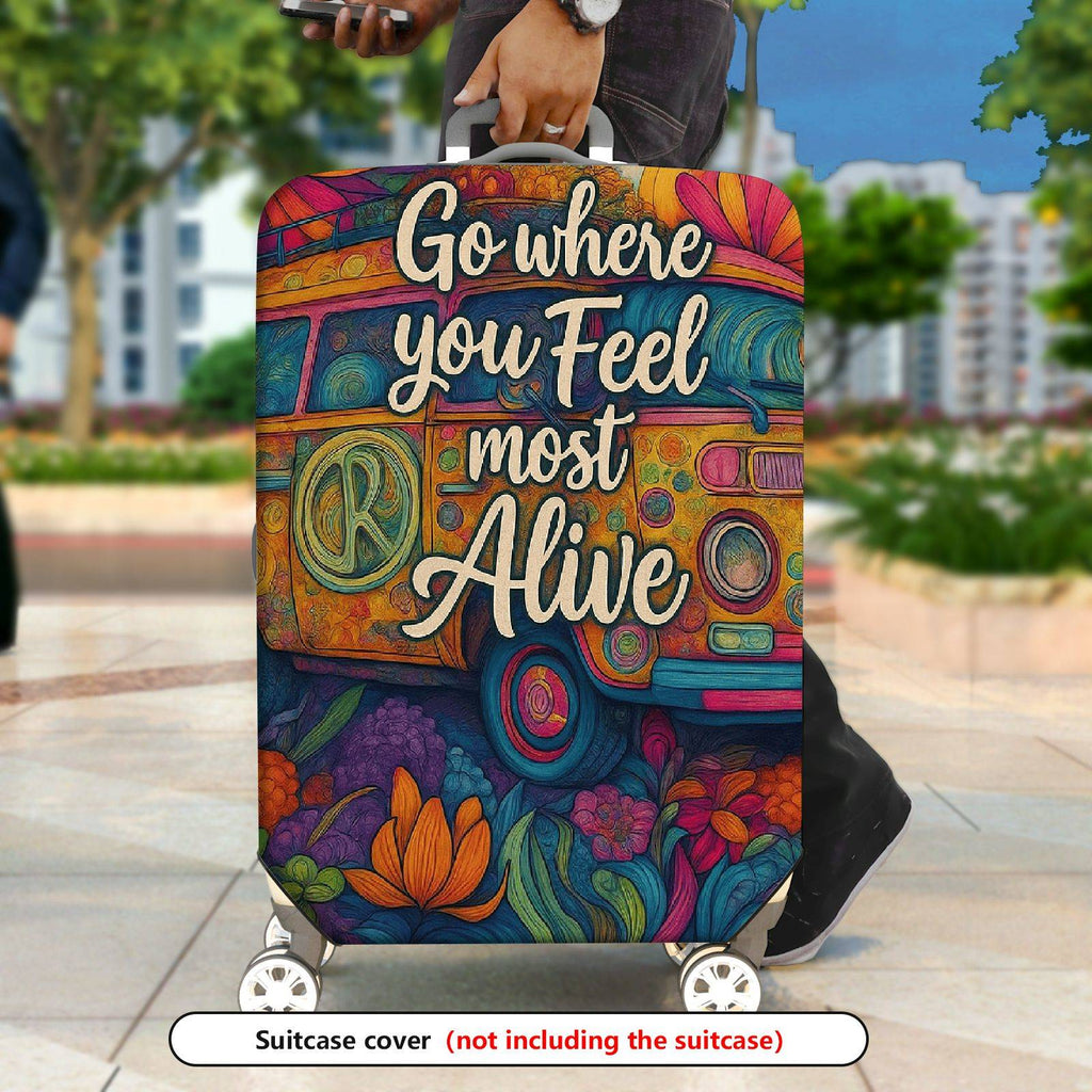 1-Piece Adventure Quote Floral Retro Van Colorful Artistic  Suitcase Luggage Cover, Stretch Protective Sleeve
