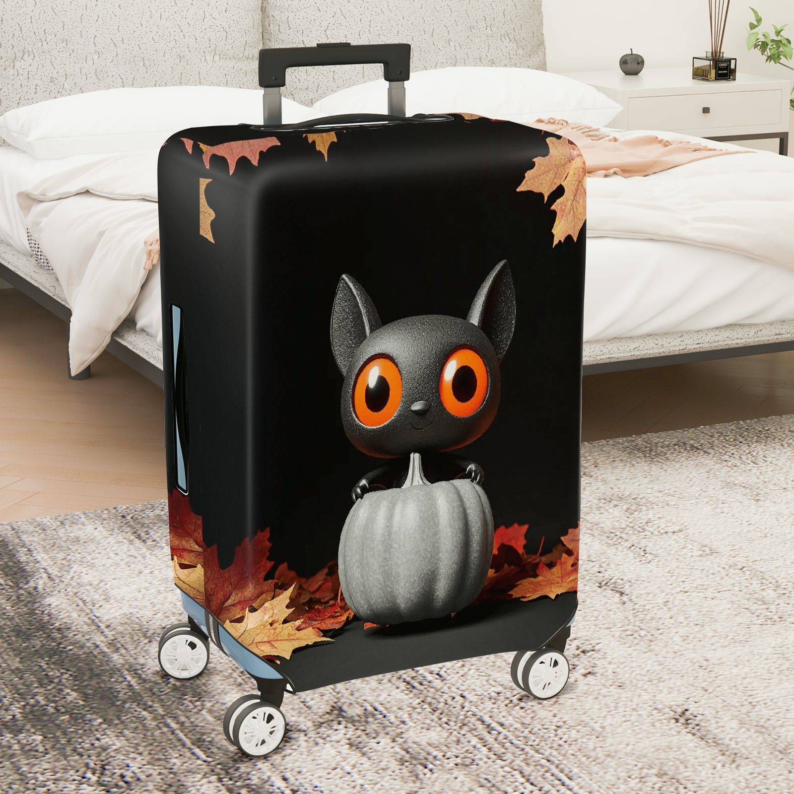 1-Piece Cute Cat Halloween Autumn Leaves Pumpkin  Suitcase Luggage Cover, Stretch Protective Sleeve