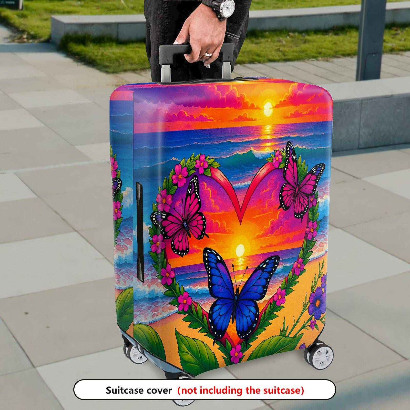 1-Piece Sunset Ocean Heart Butterfly Floral  Suitcase Luggage Cover, Stretch Protective Sleeve