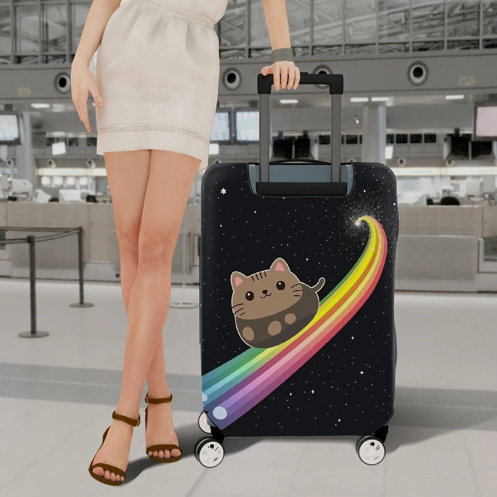 1-Piece Cute Cat Rainbow Galaxy Starry Night Cosmic  Suitcase Luggage Cover, Stretch Protective Sleeve