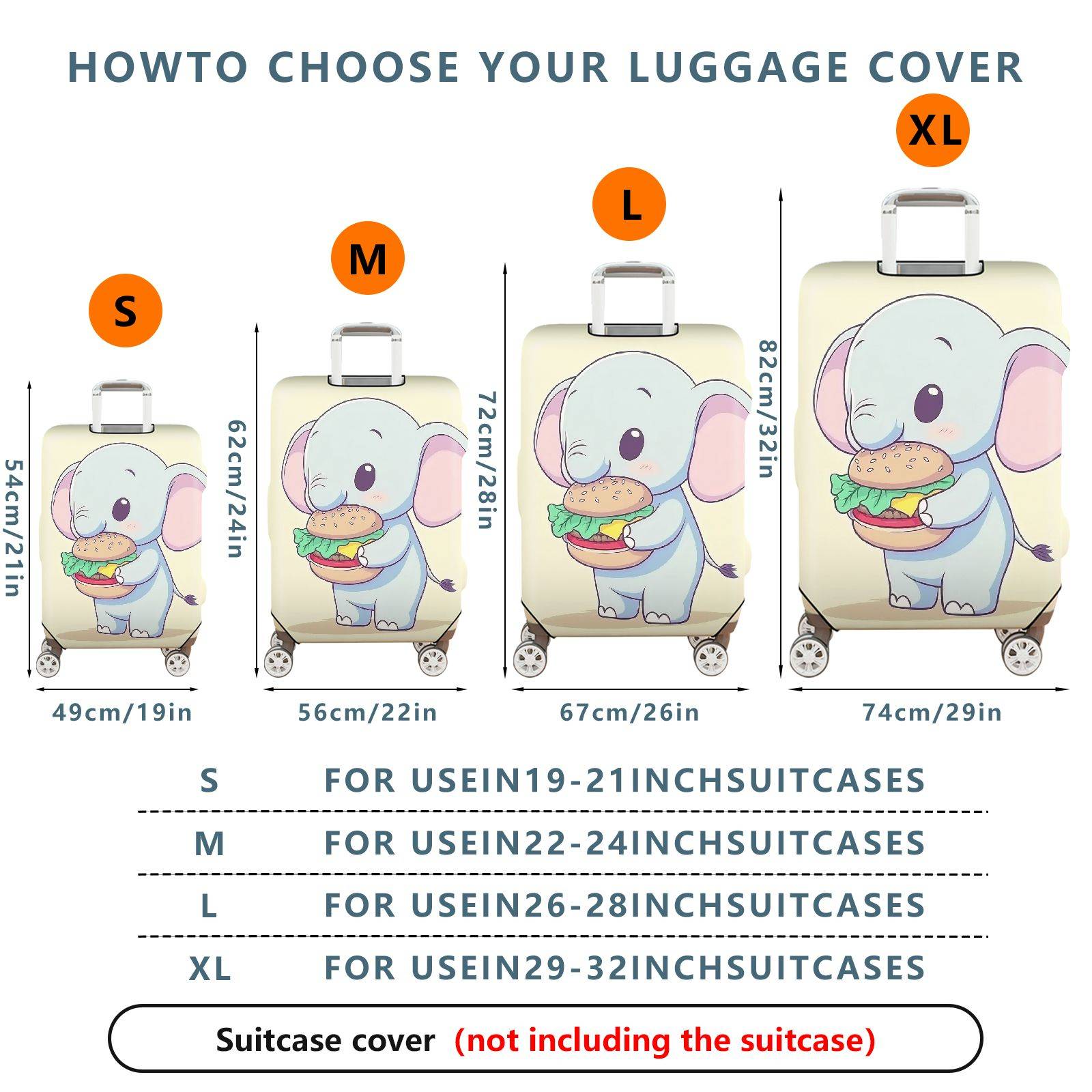 1-Piece Cute  Elephant Burger Fun Travel  Suitcase Luggage Cover, Stretch Protective Sleeve
