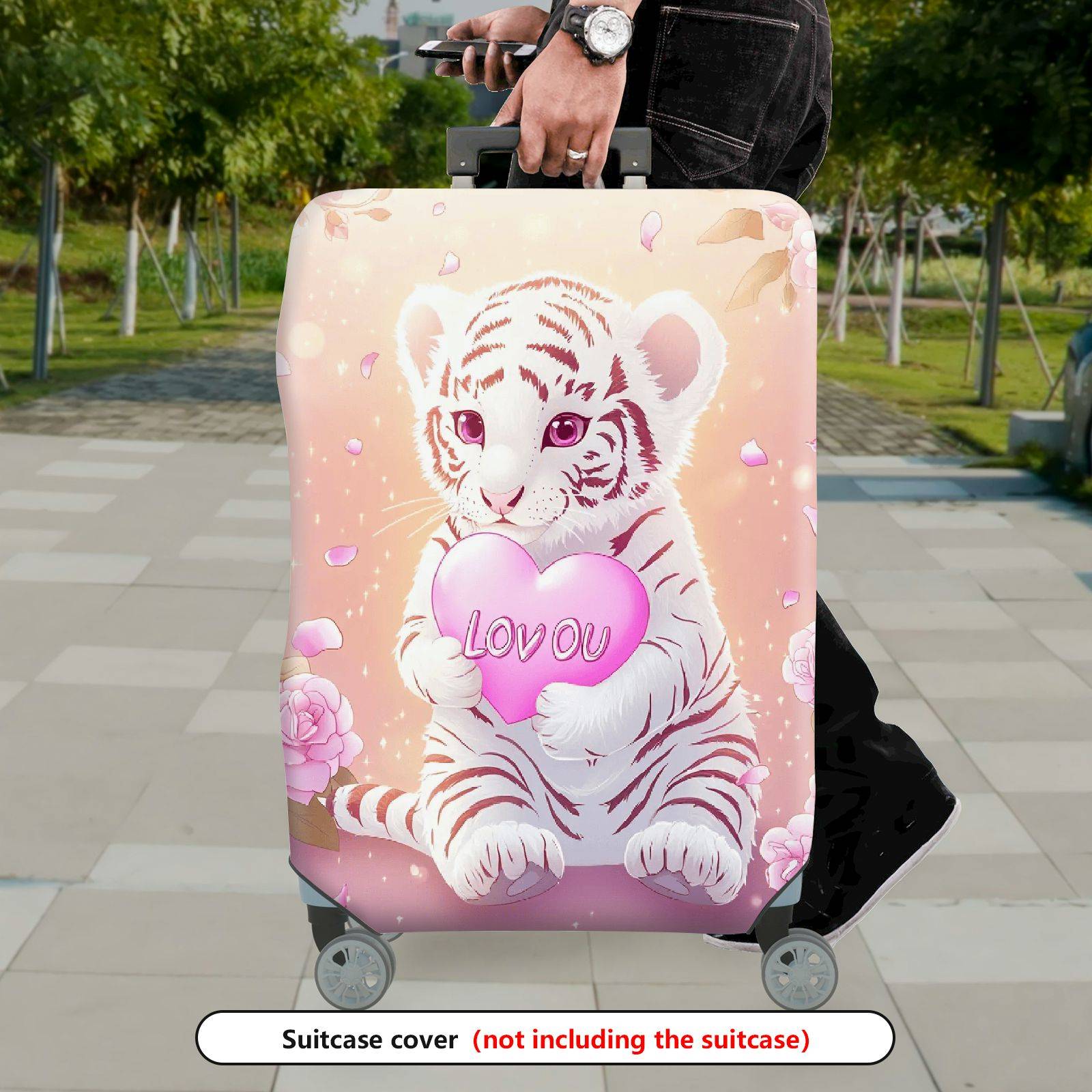 1-Piece Pink Tiger Floral Heart Romantic Love  Suitcase Luggage Cover, Stretch Protective Sleeve