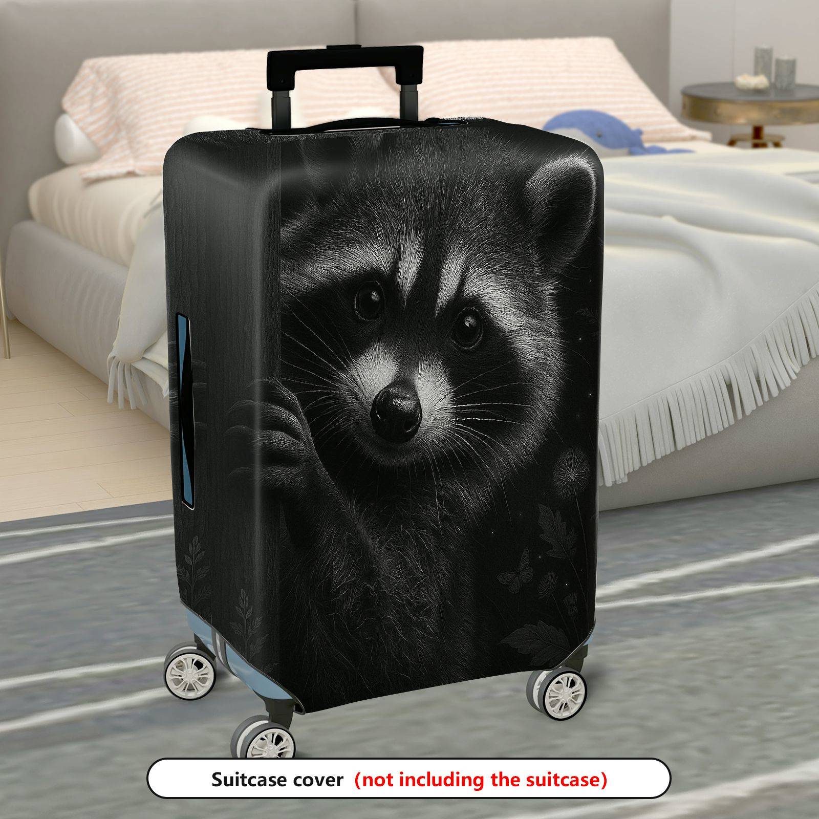 1-Piece Cute Raccoon Animal Black Floral Dandelion  Suitcase Luggage Cover, Stretch Protective Sleeve