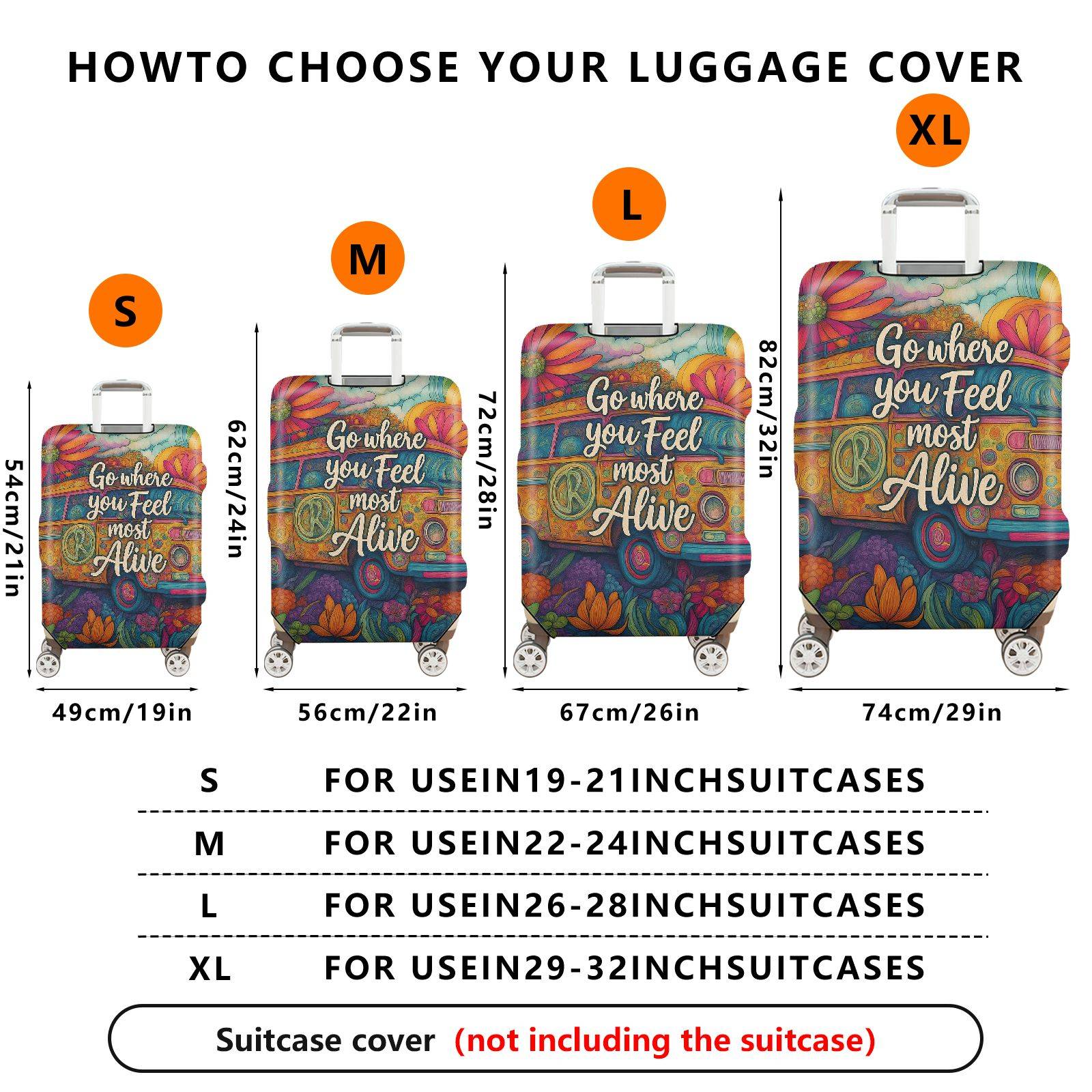 1-Piece Adventure Quote Floral Retro Van Colorful Artistic  Suitcase Luggage Cover, Stretch Protective Sleeve