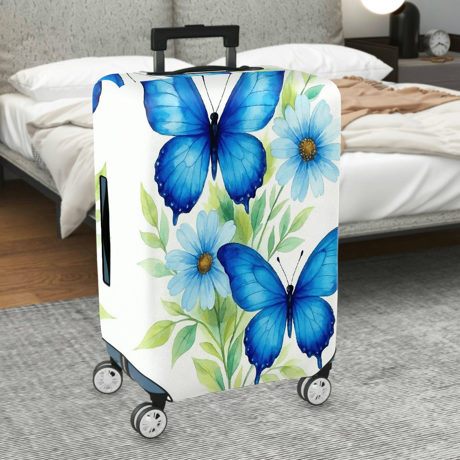 1-Piece Butterfly Floral Blue Leaves Daisy  Suitcase Luggage Cover, Stretch Protective Sleeve