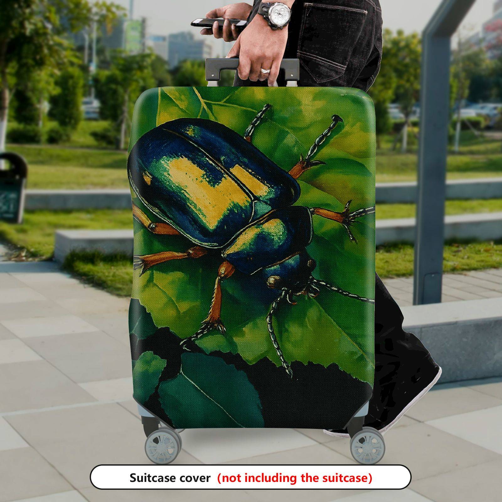 1-Piece Beetle Green Nature Leaf Insect Artistic  Suitcase Luggage Cover, Stretch Protective Sleeve