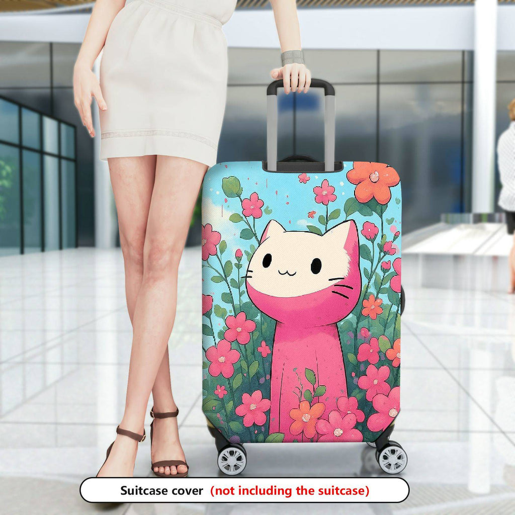 1-Piece Floral Cute Pink Cat  Suitcase Luggage Cover, Stretch Protective Sleeve