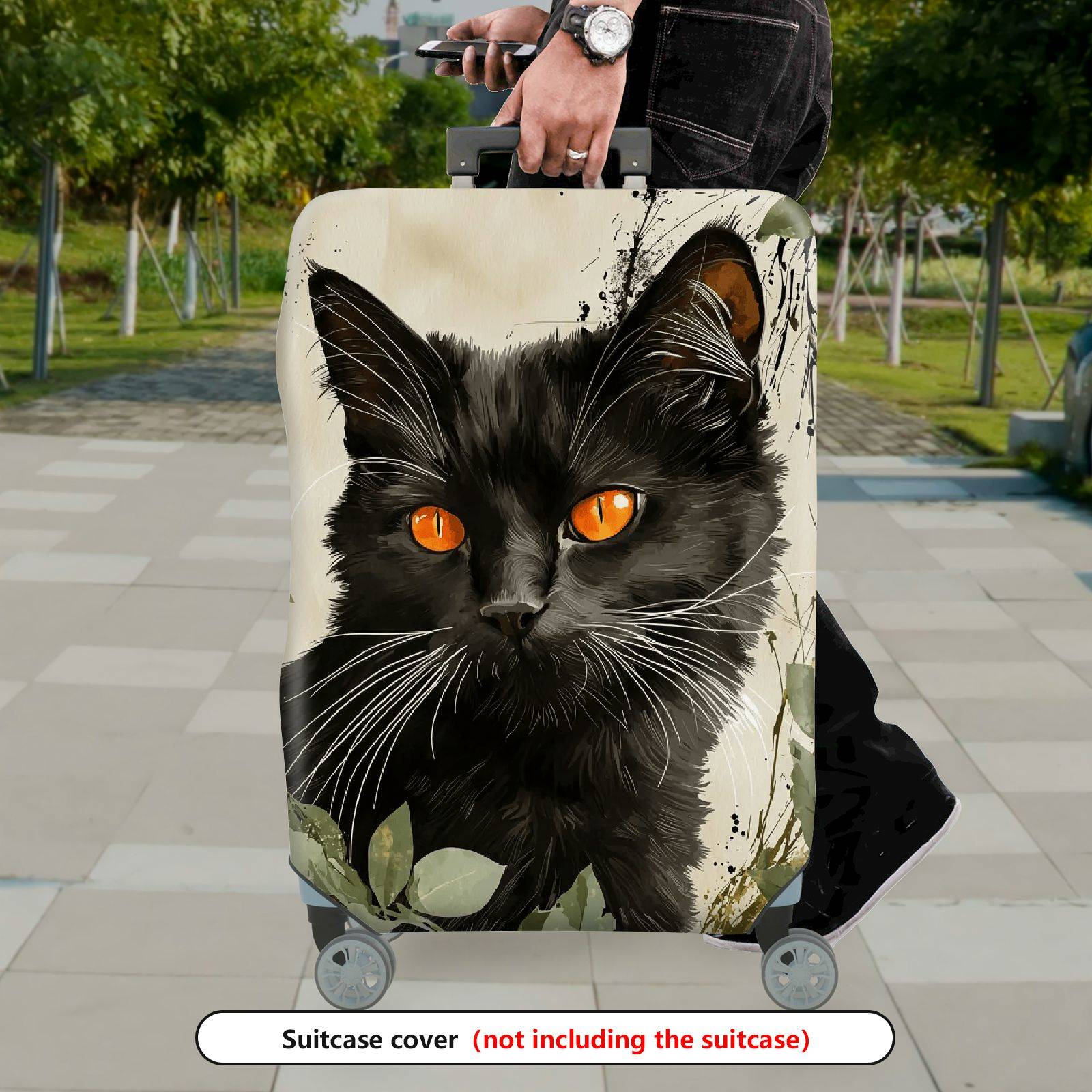 1-Piece Black Cat Artistic Nature Plant Minimalist  Suitcase Luggage Cover, Stretch Protective Sleeve