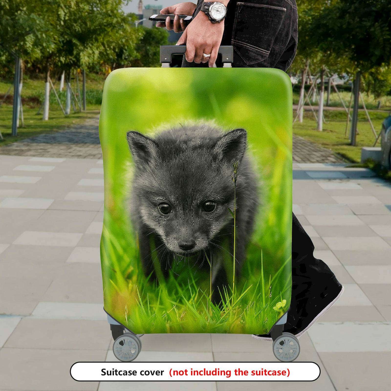 1-Piece Cute Adorable Green Grass Fox Animal Nature  Suitcase Luggage Cover, Stretch Protective Sleeve