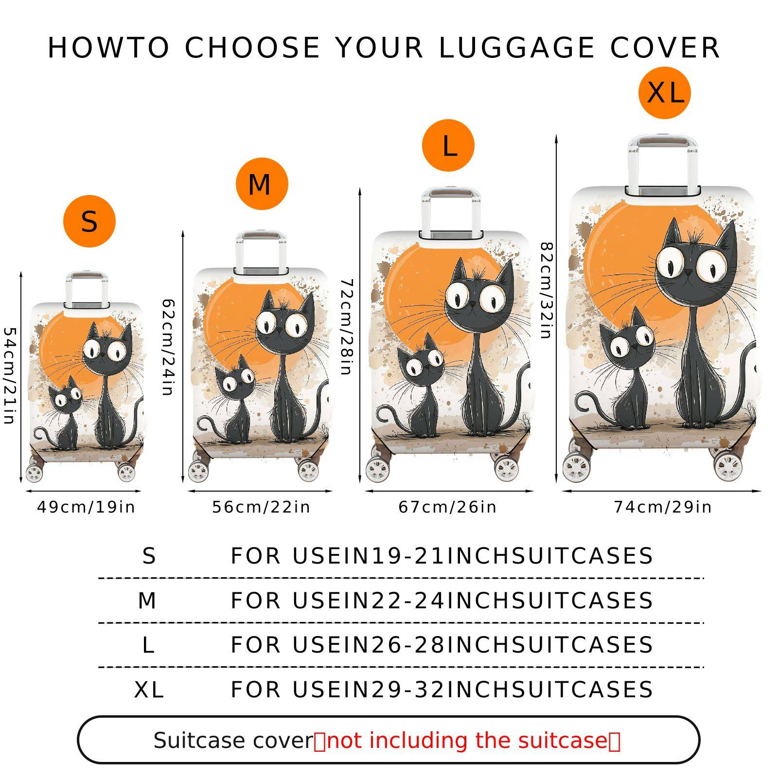 1-Piece Black Cat Abstract Orange Artistic Cute Creative  Suitcase Luggage Cover, Stretch Protective Sleeve