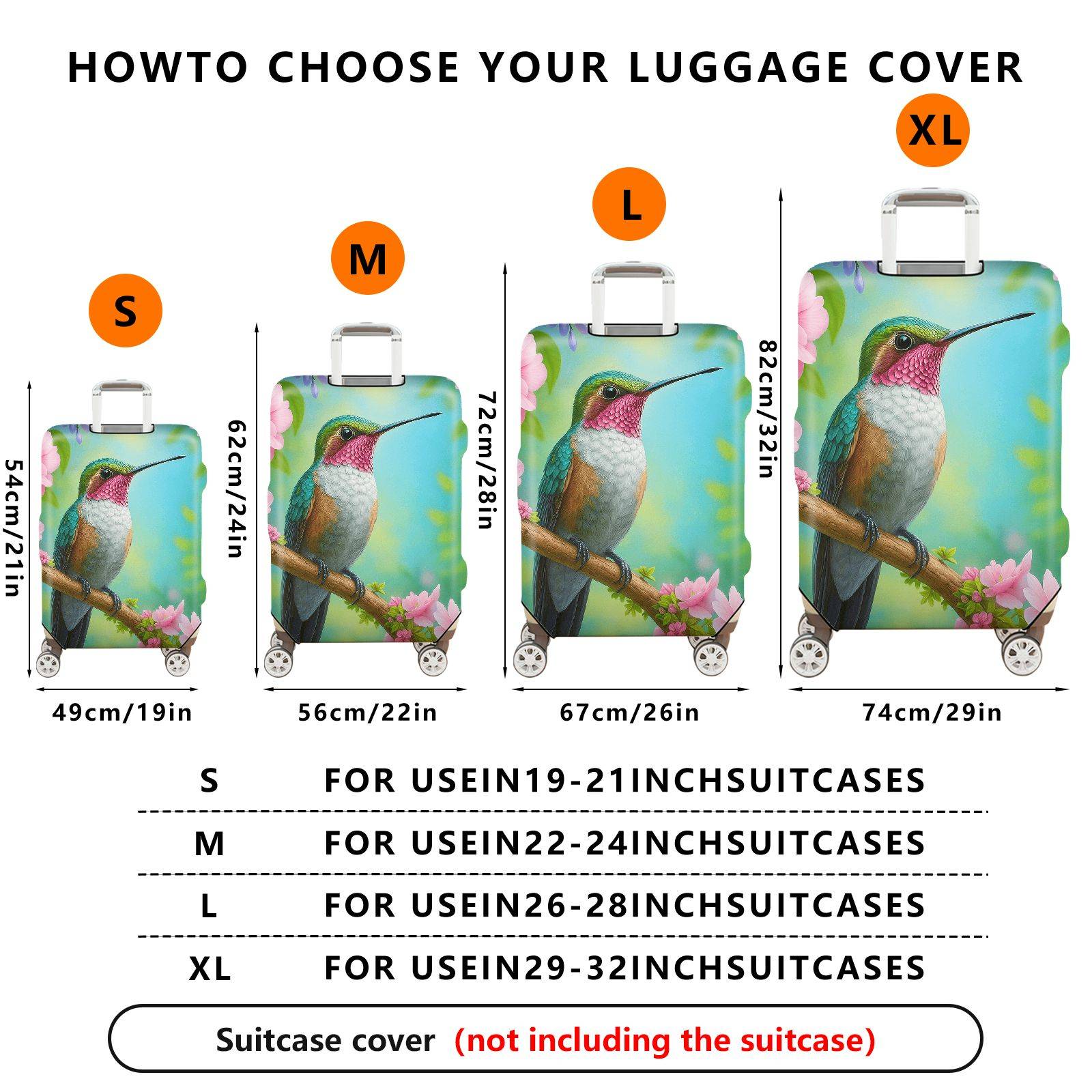 1-Piece Hummingbird Floral Nature Artistic Colorful  Suitcase Luggage Cover, Stretch Protective Sleeve