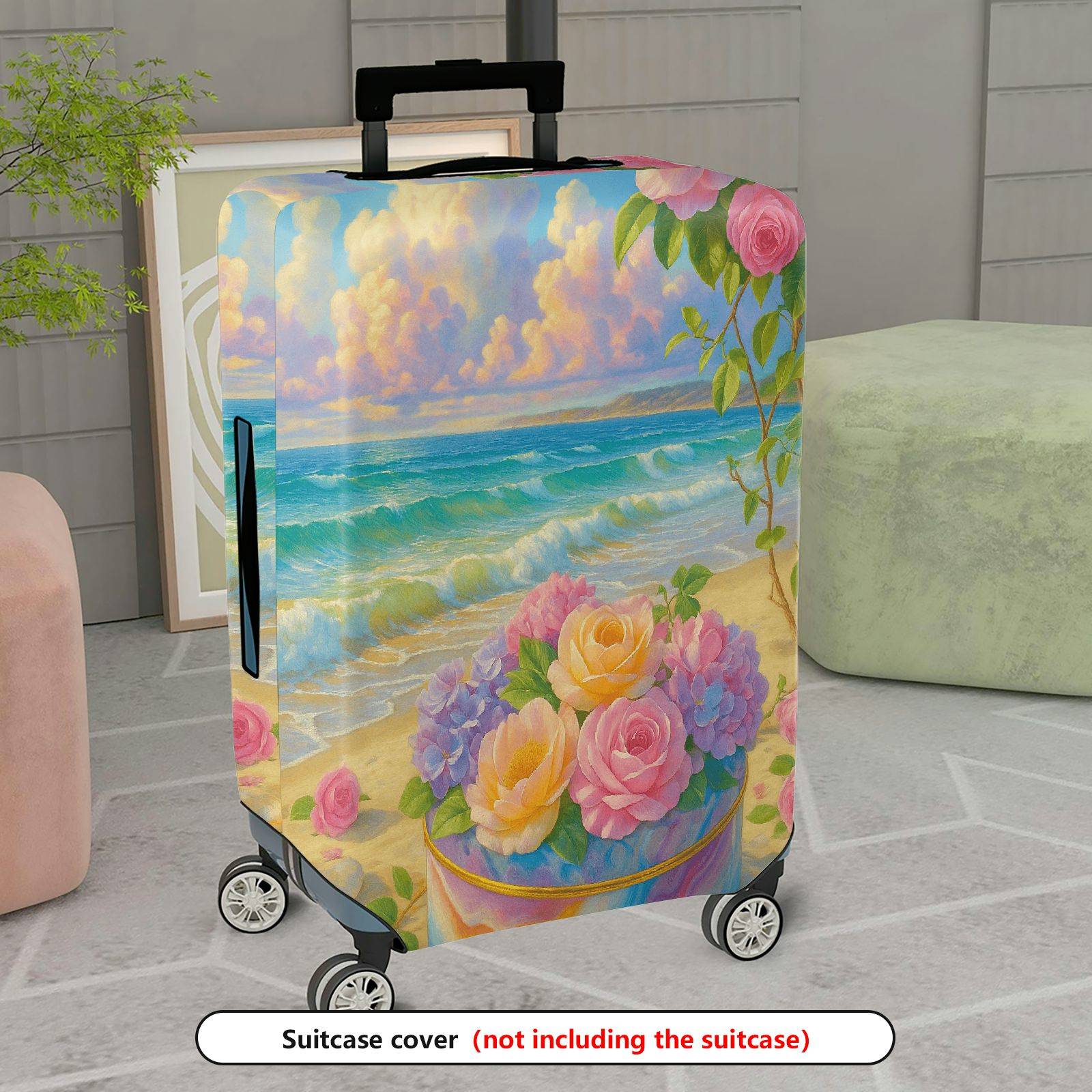 1-Piece Beach Floral Sunset Scenic Sea Rose Hydrangea  Suitcase Luggage Cover, Stretch Protective Sleeve