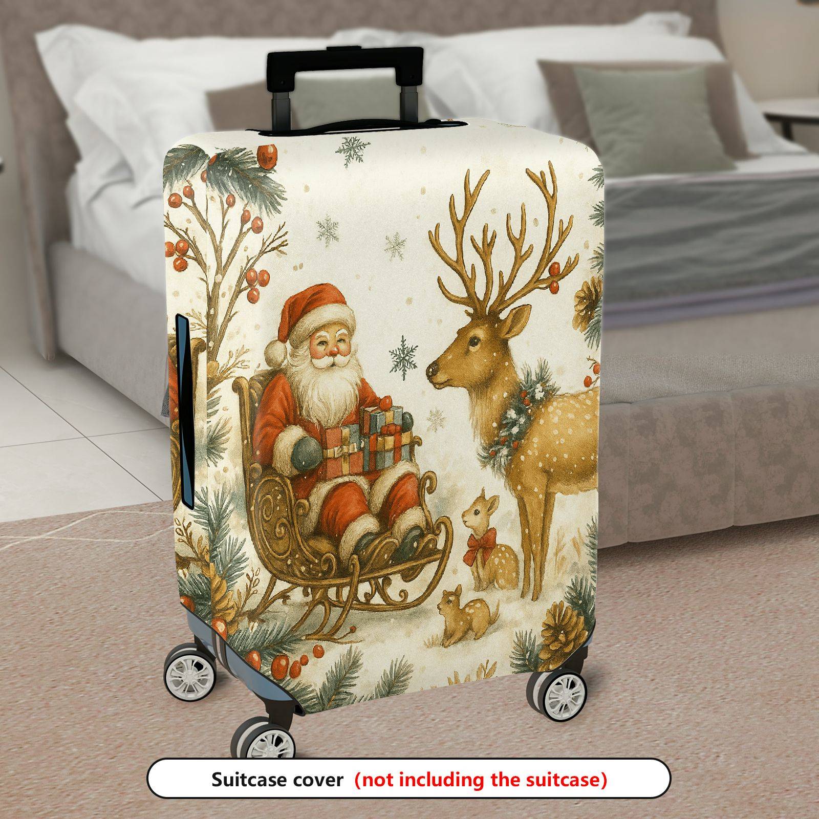 1-Piece Santa Reindeer Snowflakes Christmas Holiday Festive  Suitcase Luggage Cover, Stretch Protective Sleeve