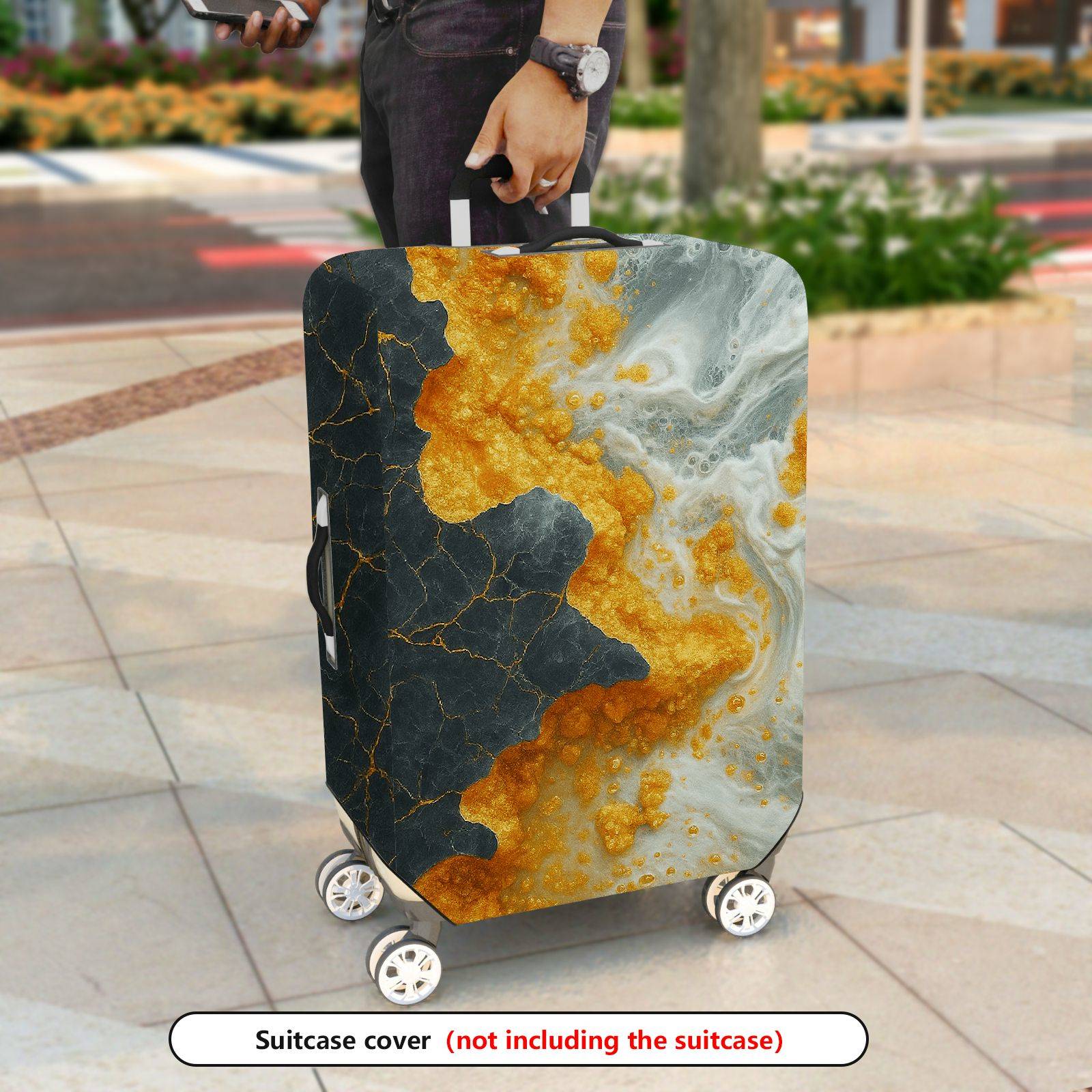 1-Piece Abstract Marble Gold Black White Swirl Artistic  Suitcase Luggage Cover, Stretch Protective Sleeve