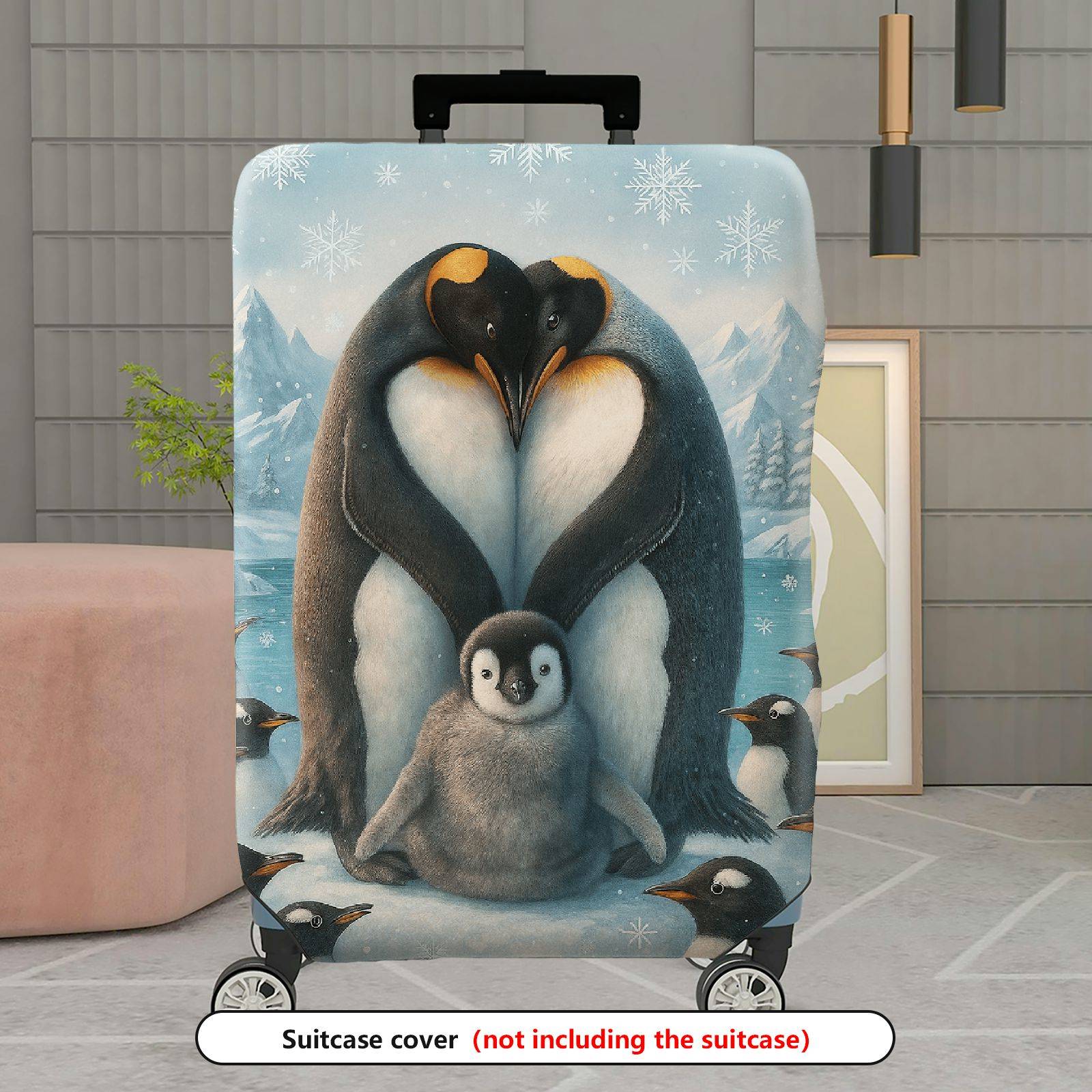 1-Piece Penguin Family Winter Snow Forest Christmas Holiday  Suitcase Luggage Cover, Stretch Protective Sleeve