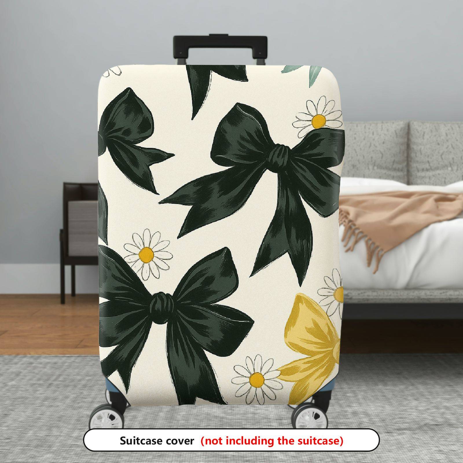 1-Piece Elegant Black Bow Daisy Floral Leaf  Suitcase Luggage Cover, Stretch Protective Sleeve